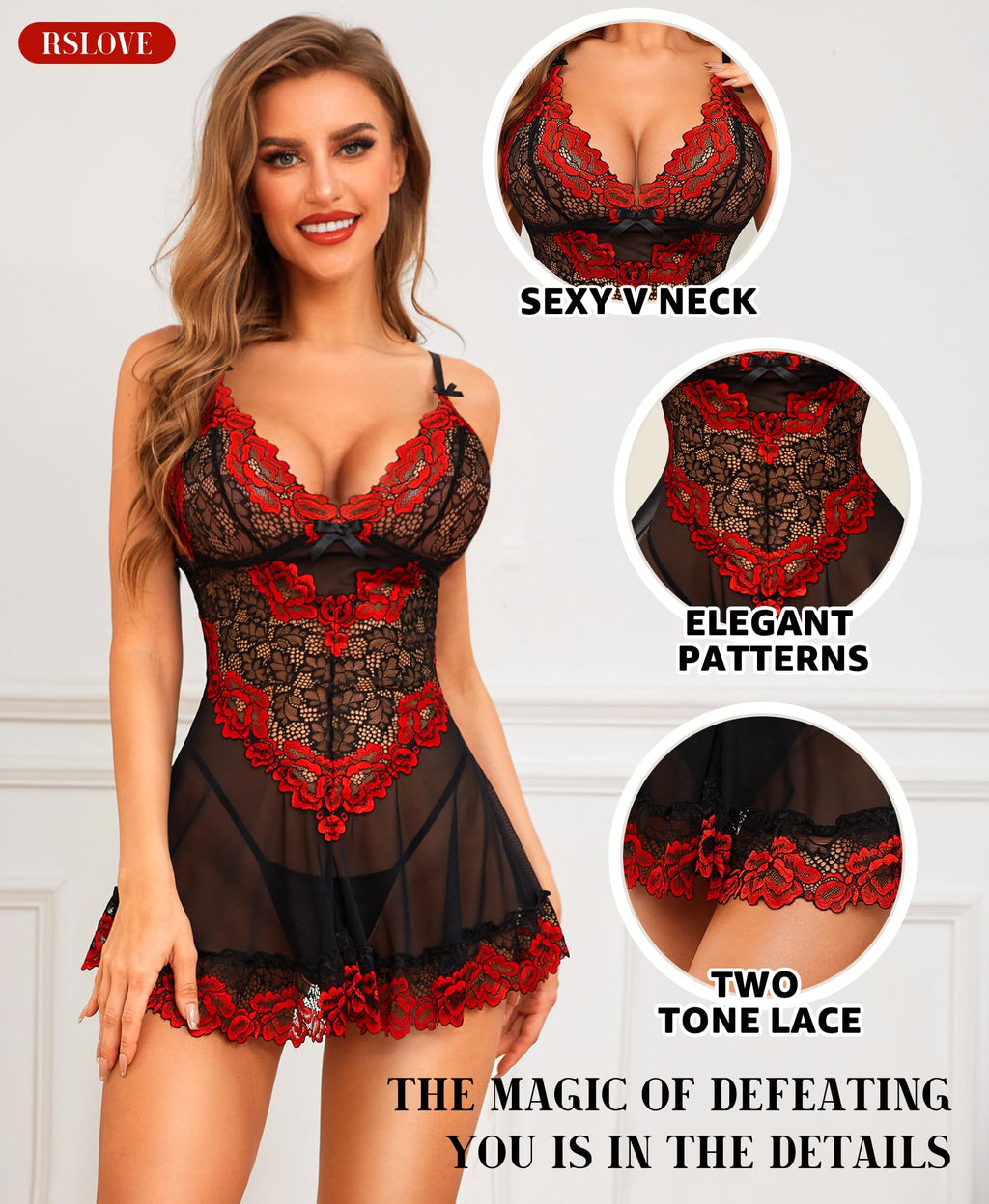 RSLOVE Lace Babydoll Lingerie for Women - Sexy Chemise V Neck Sleepwear Mesh Nightgown Strap Boudoir Nightwear Outfits Black&Red S