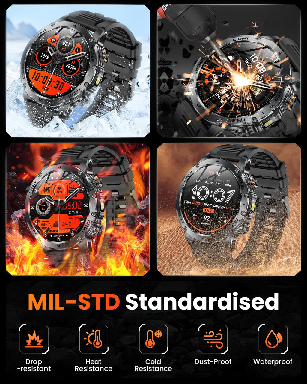 Military Smart Watches for Men, Smart Watch with 1000 mAh Battery/Answer/Dial Calls/Fitness Tracker/Flashlight/Heart Rate/Sleep Monitor/100+ Sports Mode, 1.7″ Waterproof Smartwatch for Android/iPhone