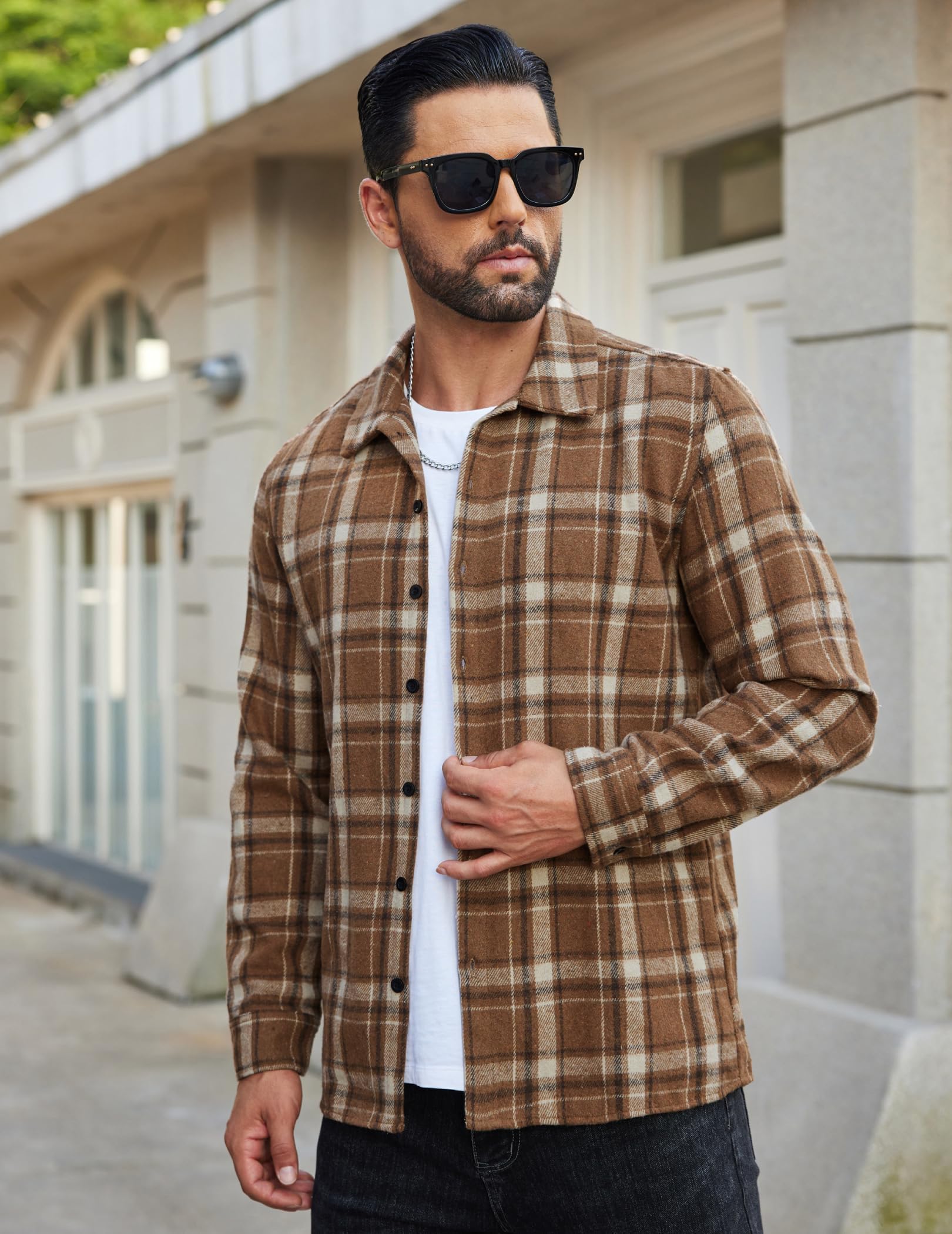 COOFANDY Men's Brown Flannel Plaid Jacket Regular Fit Long Sleeve Button Down Shirts Vintage Western Shacket