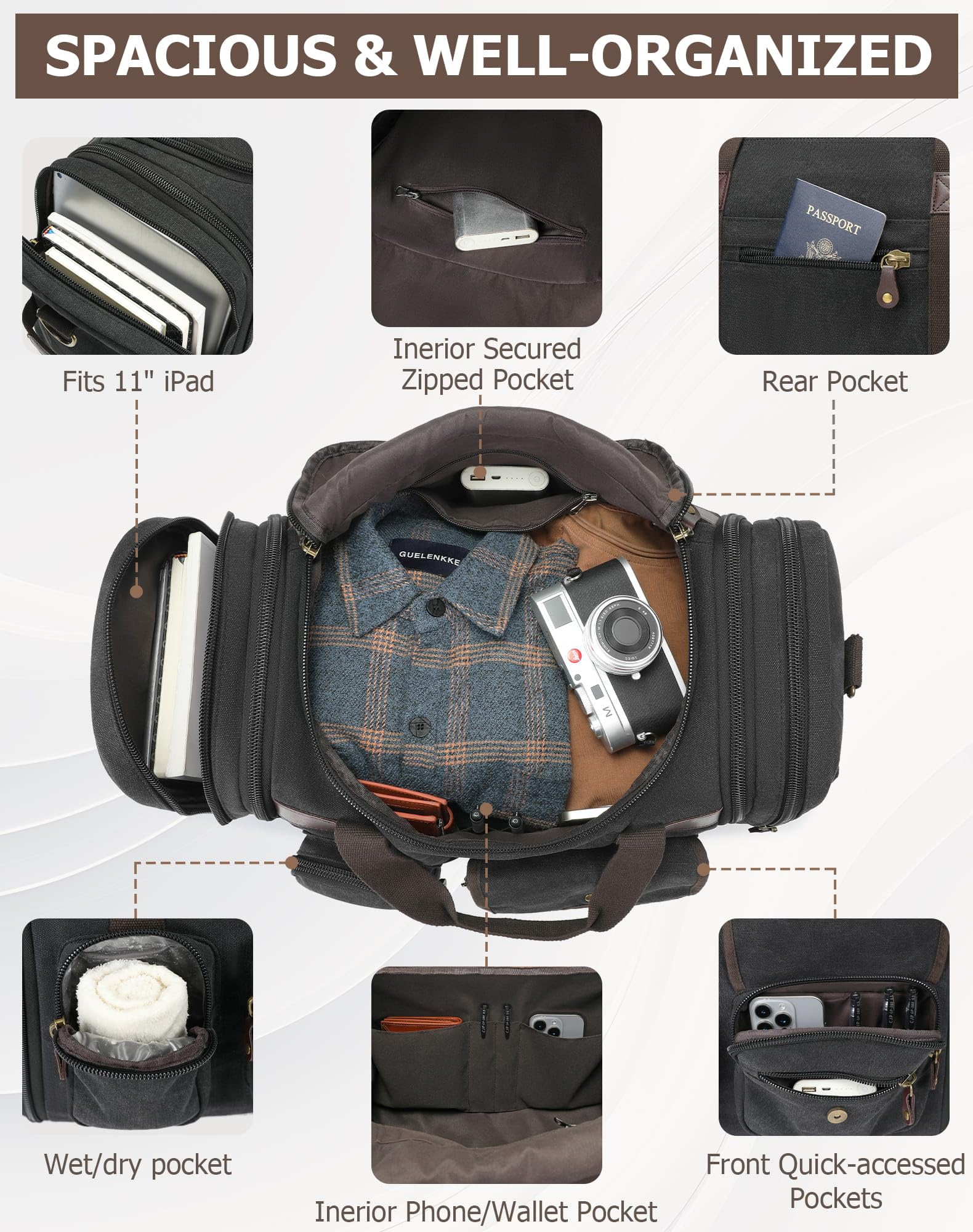 HNCTINNO Duffle Bag for Travel, 50L Carry On Duffle Bag for Airplanes, Canvas Overnight Weekender Bag for Men and Women
