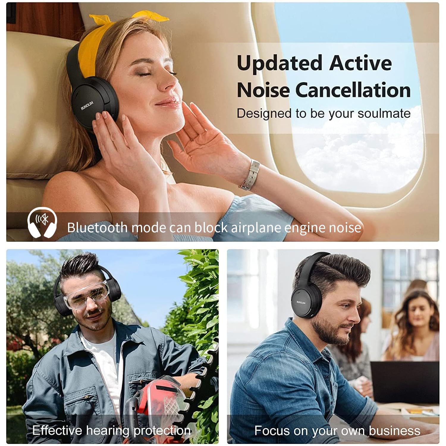 RUNOLIM Hybrid Active Noise Cancelling Headphones, Wireless Over Ear Bluetooth Headphones with Microphone, 70H Playtime, Foldable Headphone with HiFi Audio, Deep Bass for Home Travel Office