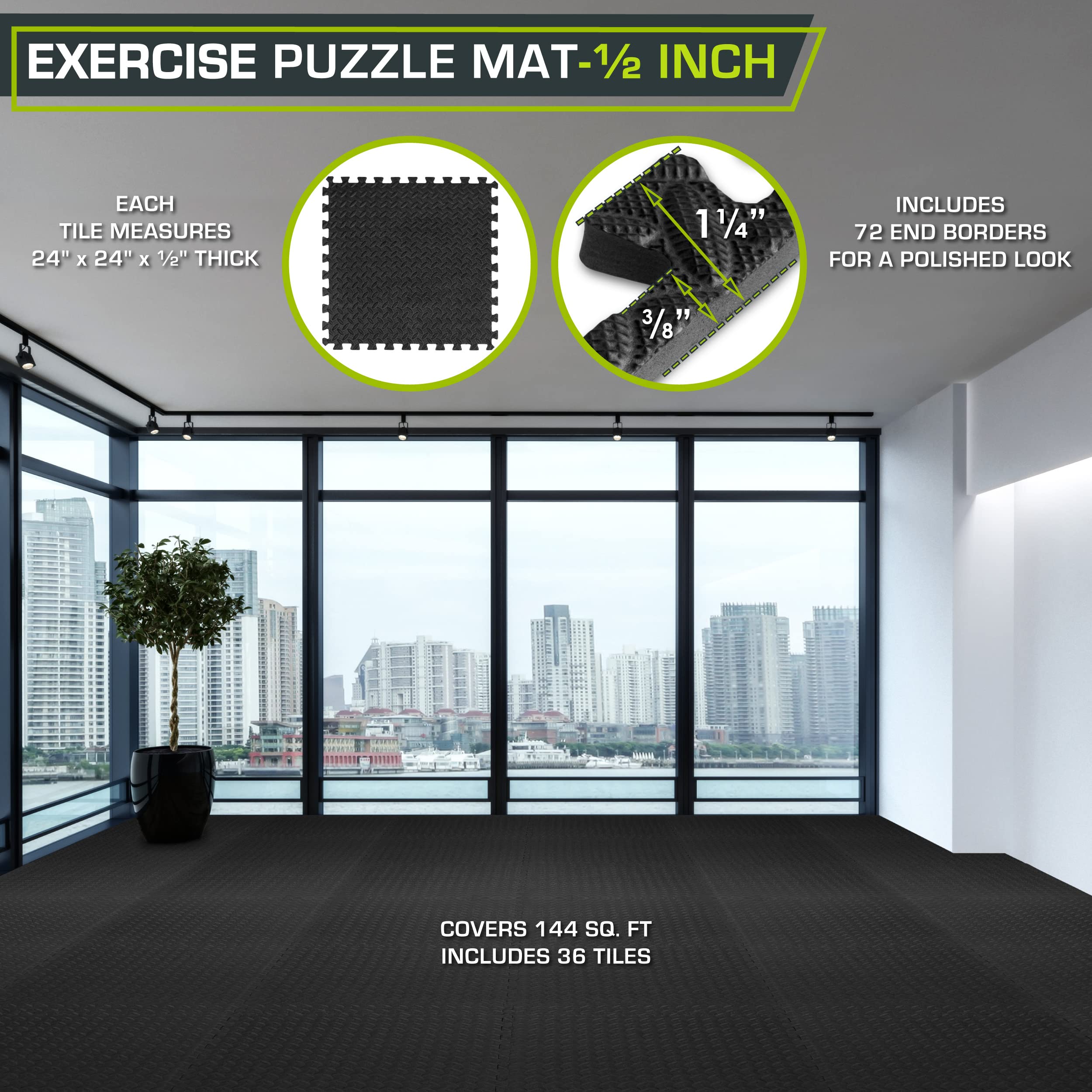 ProsourceFit Puzzle Exercise Mat ½ in, EVA Interlocking Foam Floor Tiles for Home Gym, Water-Resistant Mats Workout Equipment, Floor Padding for Kids, Black, 24 in x 24 in x ½ in, 144 Sq Ft - 36 Tiles