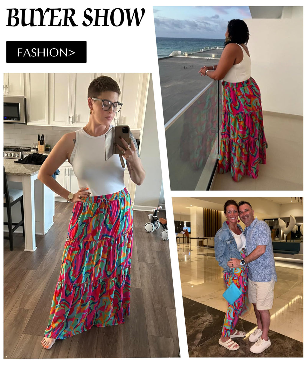 Trendy Lightweight Drawstring Tiered Ruffles Paisley Hippie Plus Size Bohemian Long Maxi Skirt with Deep Pockets Office Music Festival Travel Picnic Dating Fall Outfits Multicolor Abstract Wave L