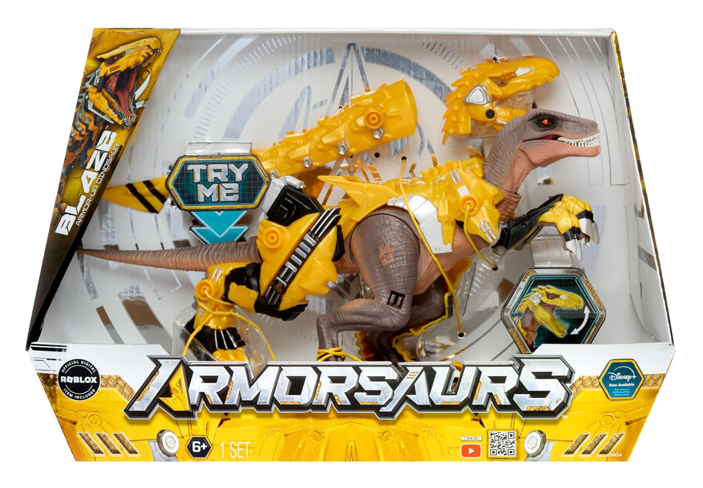 Armorsaurs Armor-Up Yellow Raptor Dinosaur Blaze Toy Figure with 7 Removable Armor Pieces and Tail-Triggered Chomp Action, 7" H x 15.2" L, Kids, Boys, Girls, Ages 6+