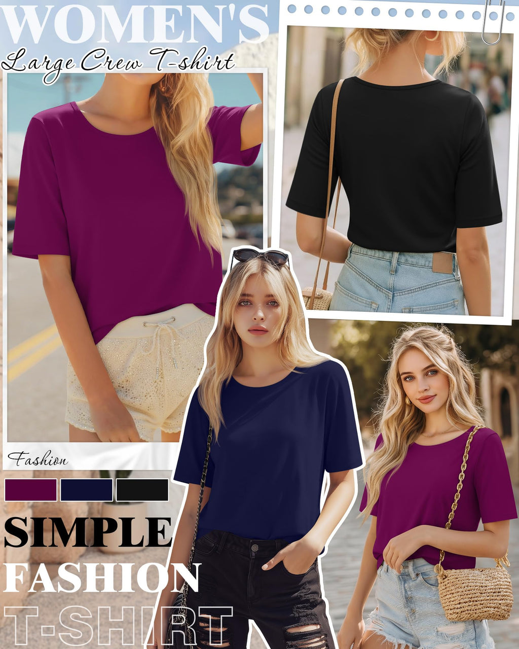 Huukeay 3 Pcs Women's Half Sleeve Crew Neck T Shirts, 3-Color, XXL