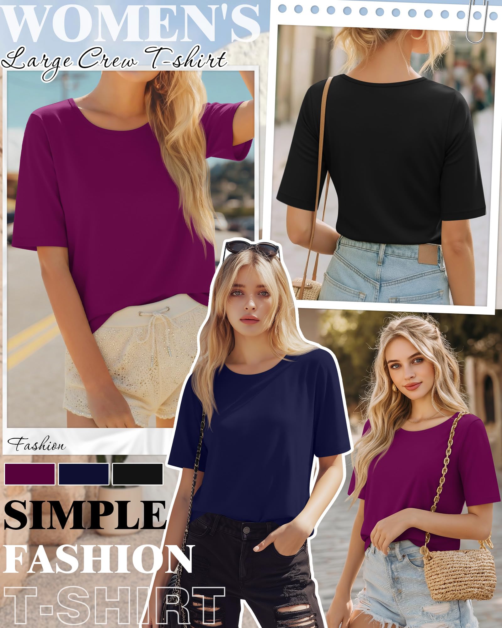 Huukeay 3 Pcs Women's Half Sleeve Crew Neck T Shirts, 3-Color, XXL
