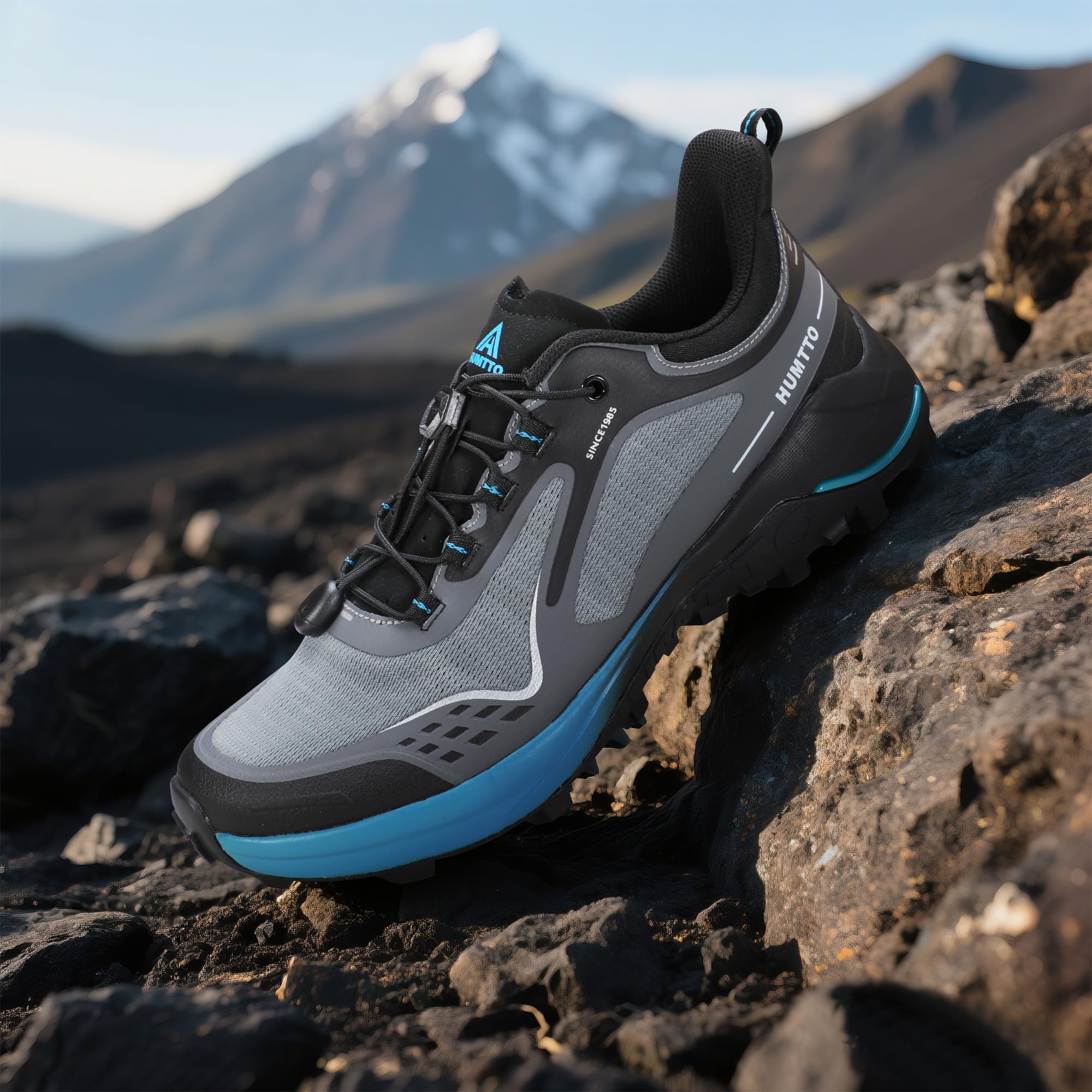 HUMTTO Men's Quick Laces Hiking Sneaker Lightweight Breathable Walking Outdoors Trail Running Shoes Grey/Black 13