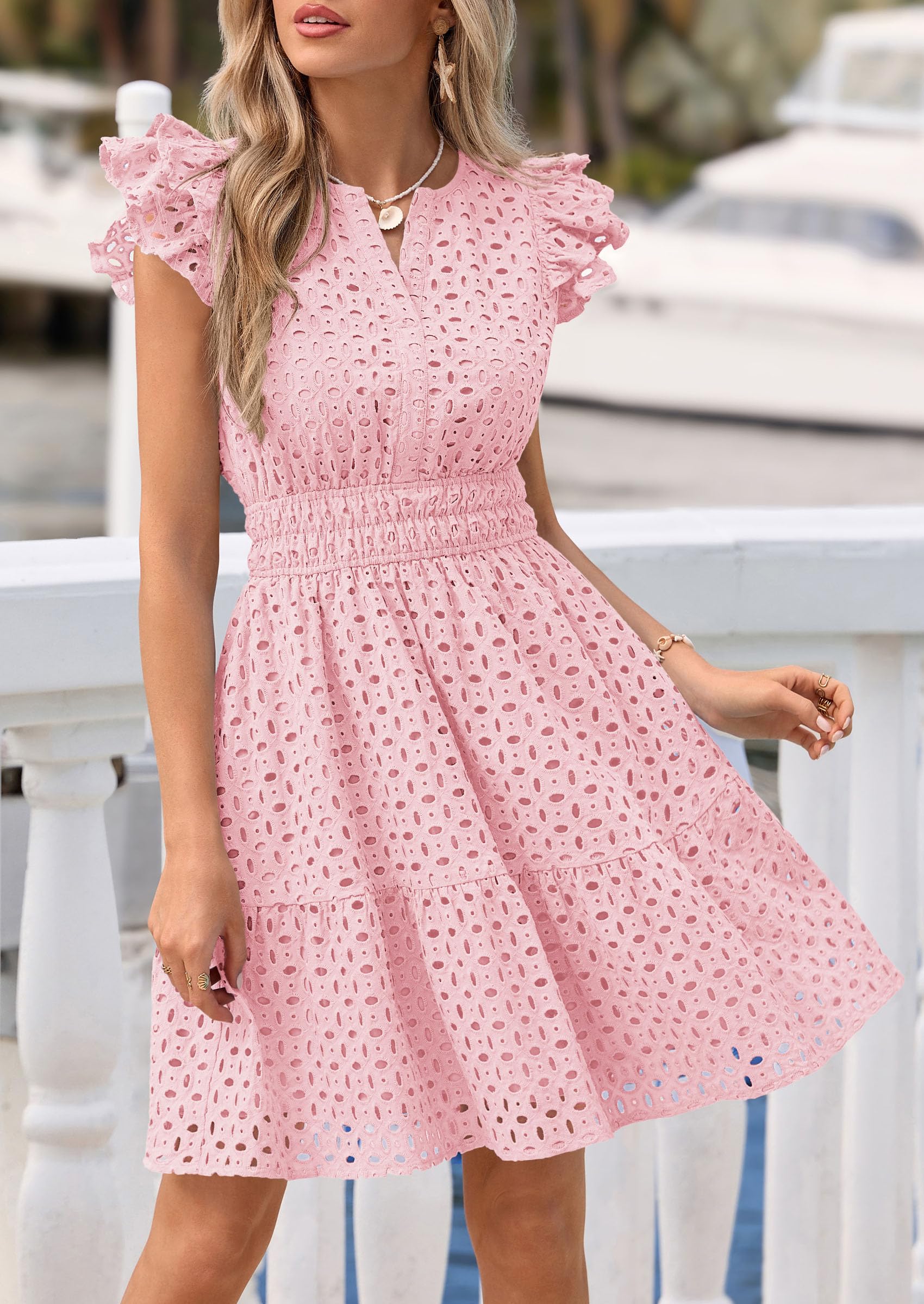PRETTYGARDEN Women's 2026 Summer Sundresses Eyelet Cap Sleeve V Neck Short Boho Wedding Guest Dress Beach Vacation Clothes (Pink,Medium)
