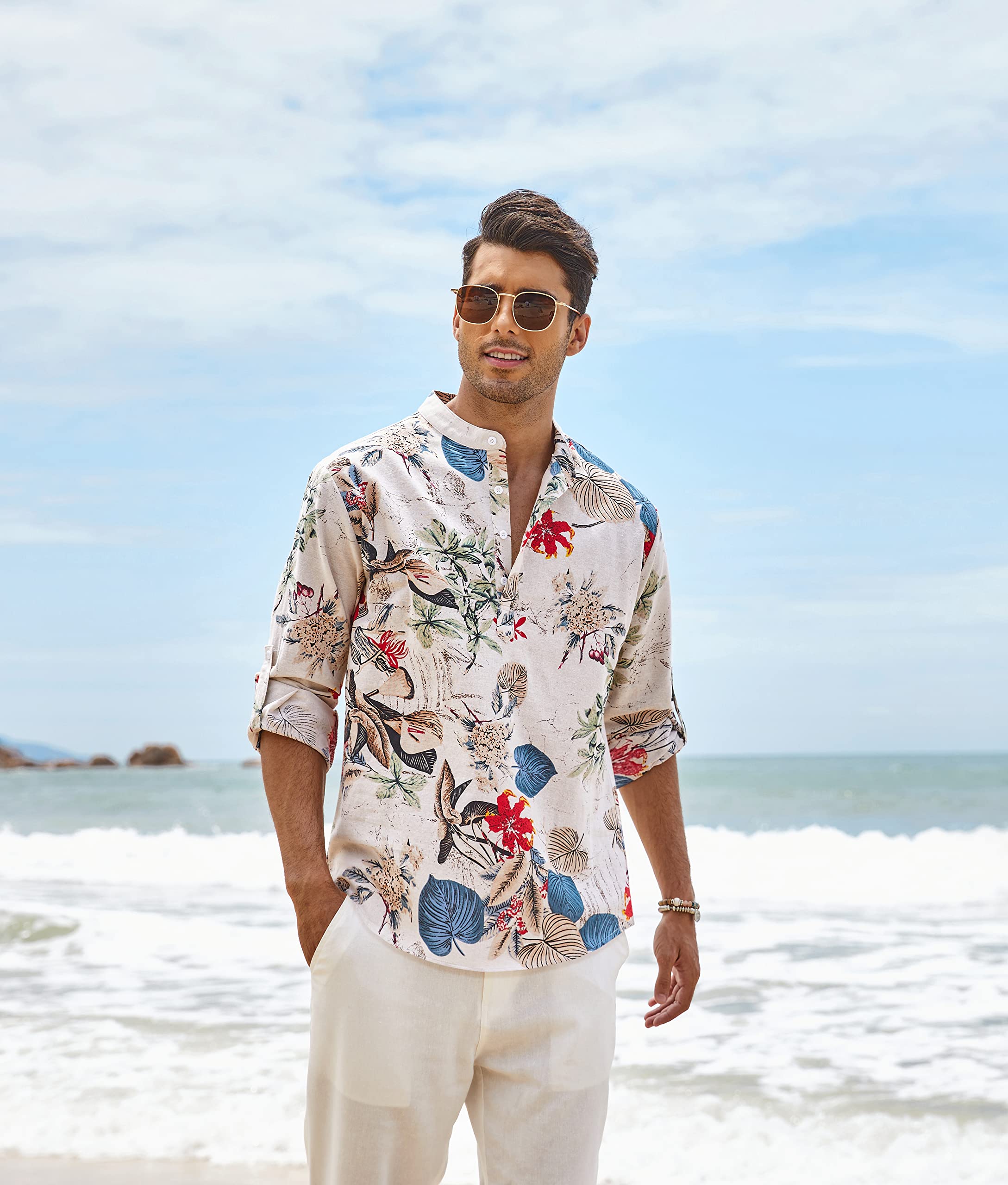 COOFANDY Men's Cotton Linen Shirts Long Sleeve Casual T-Shirts Hippie Summer Beach Tops