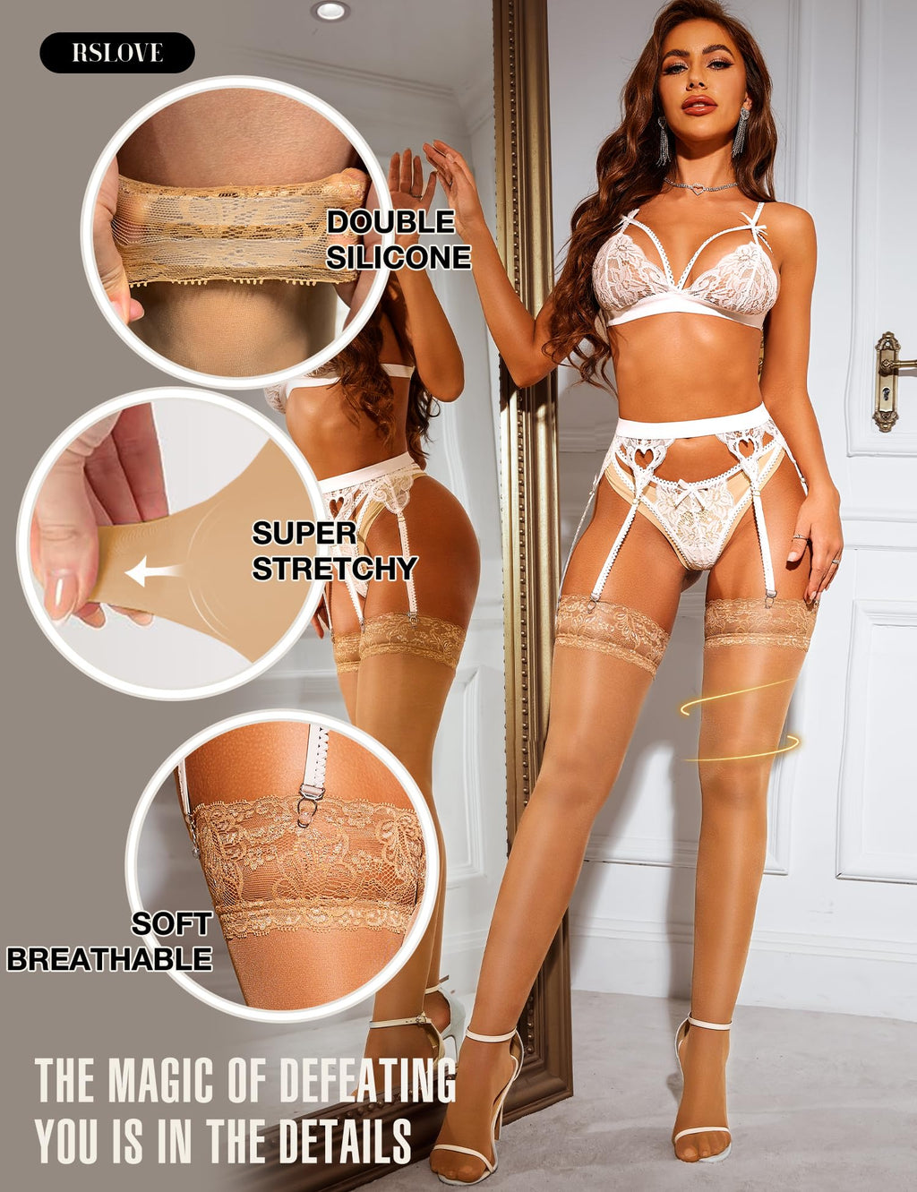 RSLOVE Lace Top Thigh High Stockings with Antiskid Silicone Stay Up Silky Semi Sheer Pantyhose Sexy Lingerie for Women Beige One Size