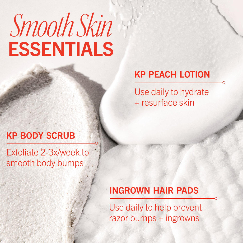 First Aid Beauty - Soft & Smooth Starter Kit, KP Bump Eraser Body Scrub with 10% AHA, 114 g, KP Smoothing Body Lotion with 10% AHA (Fresh Peach), 189.9 g, & Ingrown Hair Pads with BHA + AHA, 28 ct