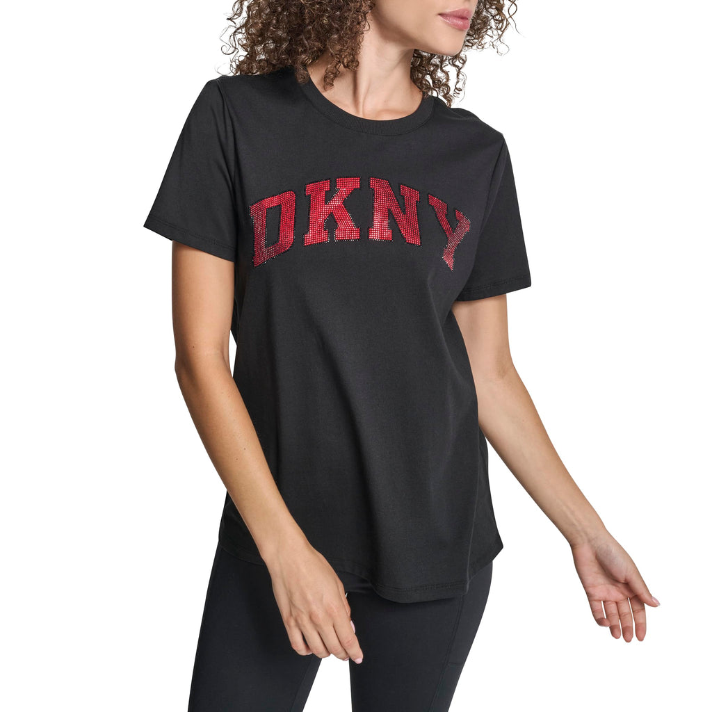 DKNY Women's Varsity Logo Cotton Short Sleeve T-Shirt, Black/City Crimson, X-Large
