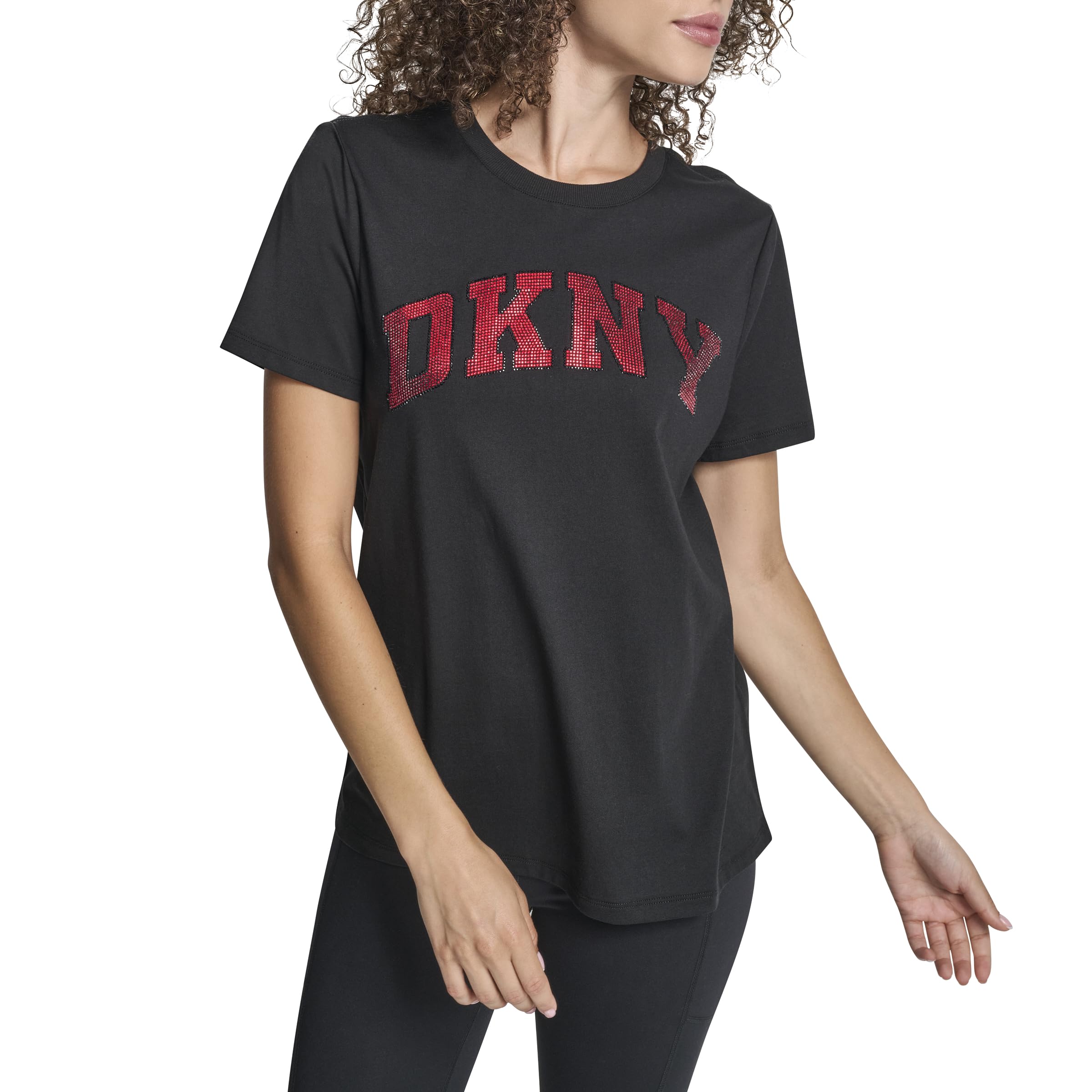 DKNY Women's Varsity Logo Cotton Short Sleeve T-Shirt, Black/City Crimson, X-Large