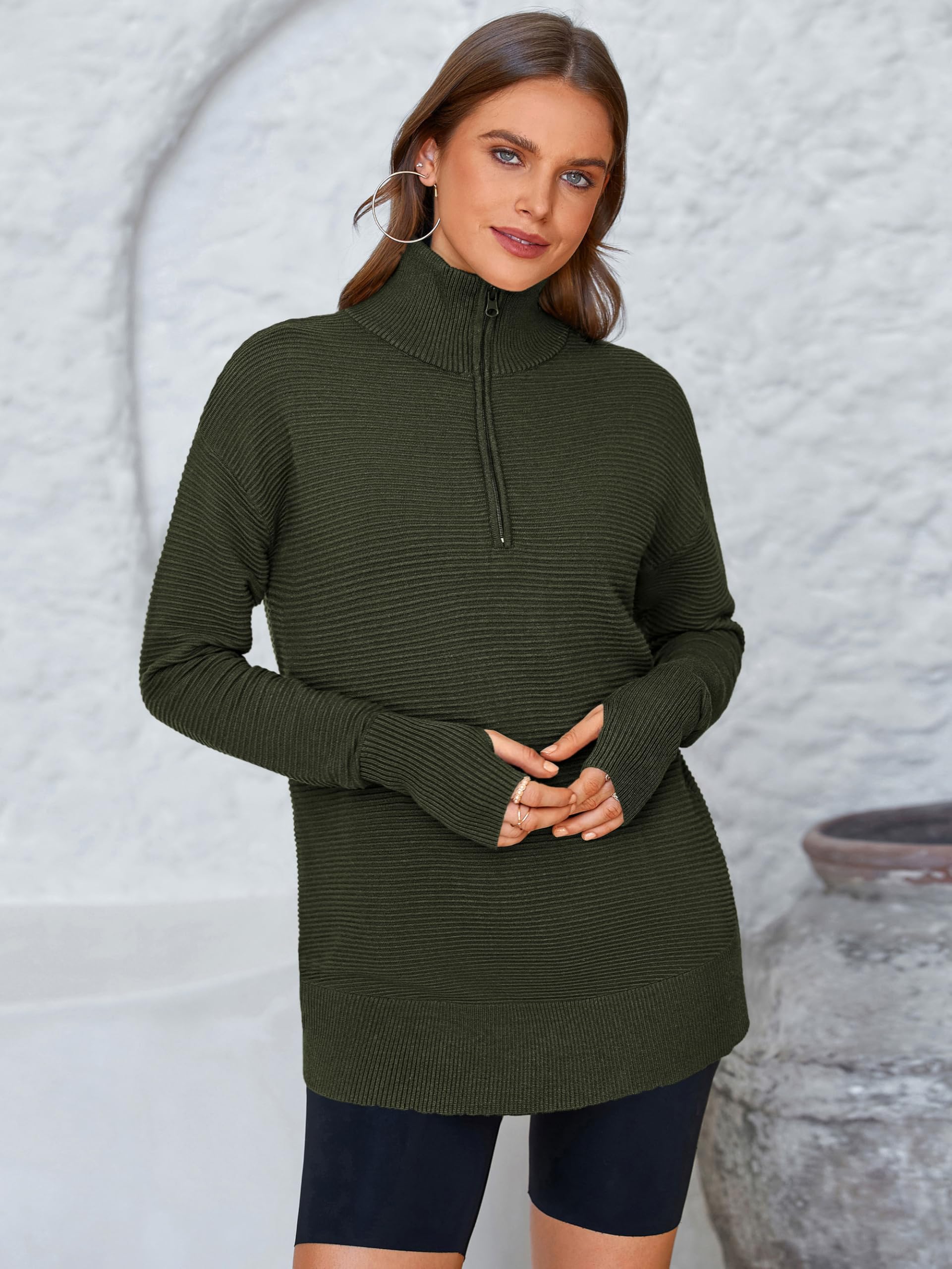 PRETTYGARDEN Womens Long Sleeve Quarter Zip Pullover Sweater Casual Loose V Neck Collared Ribbed Knit Jumper Tops Thumb Hole(Army Green,Medium)