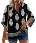 WIHOLL Summer Boho Tops for Womens Clothing Plus Size Beach Vacation Cover Ups Clothes 3/4 Length Sleeve 2026 Spring Maternity Cruise Vacation Outfits Trendy Fashion Clothing Multi Black XL