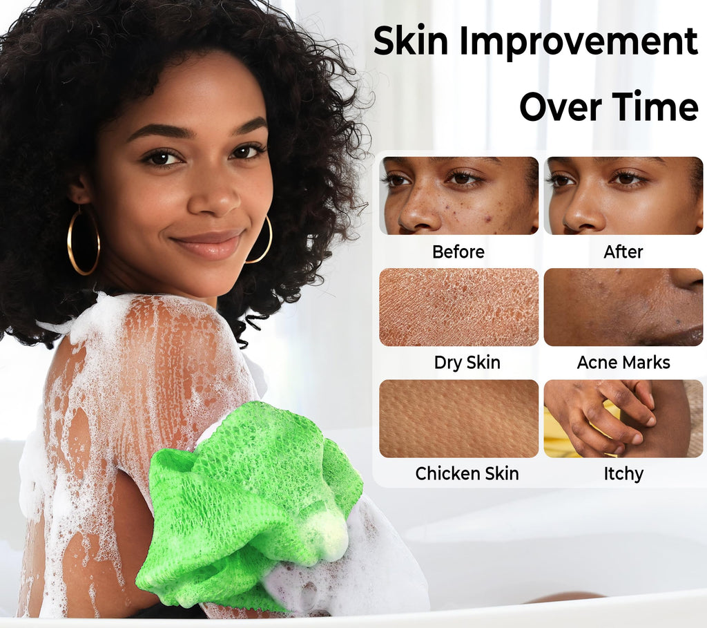 Authentic African Net Sponge with Knots - 2 Pieces Exfoliating Body Sponge Purple & Green - Back Scrubber Shower Exfoliator for Women Personal Care - Shower Scrub for Body Wash Bathing Accessories