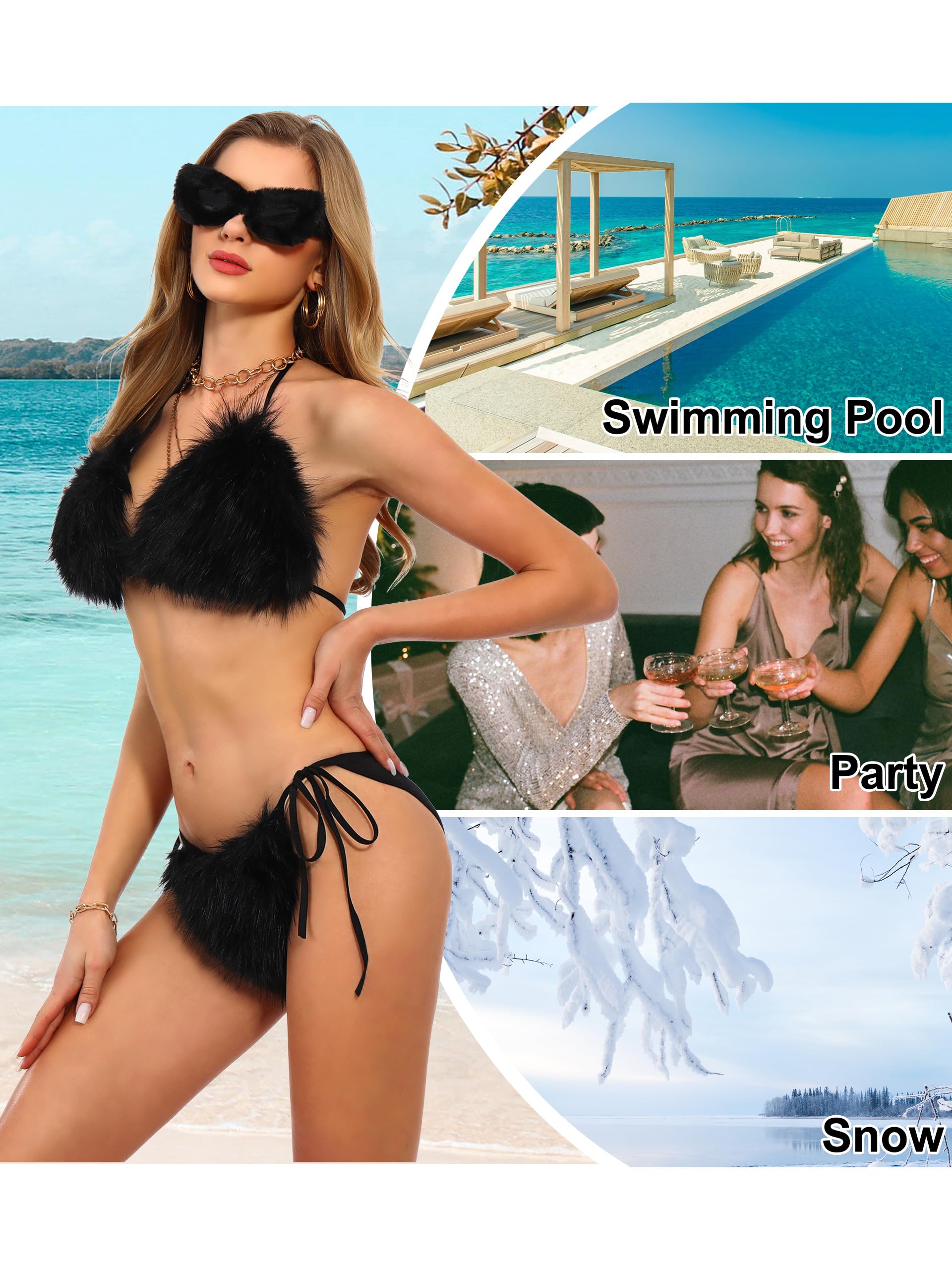 LA CARRIE Women's Detachable Faux Fur Bikini Sets Two Pieces Halter Tie Side Cheeky Leopard Swimsuits Bathing Suit(Black)