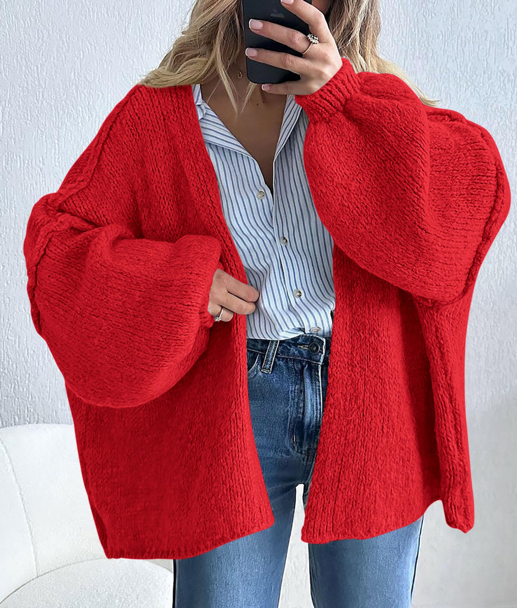 PRETTYGARDEN Womens Oversized Cardigan Sweaters 2026 Fall Long Lantern Sleeve Knit Open Front Lightweight Sweater (Red,Large)