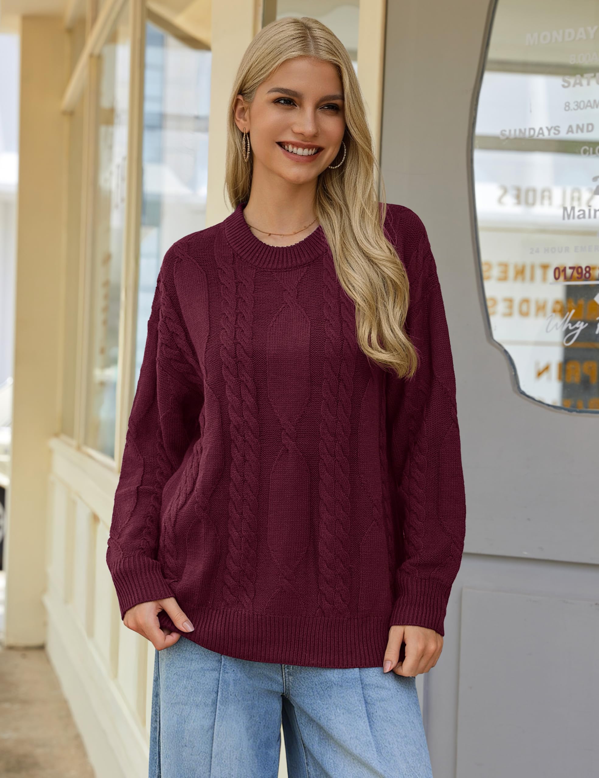 YUCOLEN Women's Sweaters Oversized Cable Knit Sweater Long Sleeve Crewneck 2026 Trendy Winter Pullover Tops, WineRed M