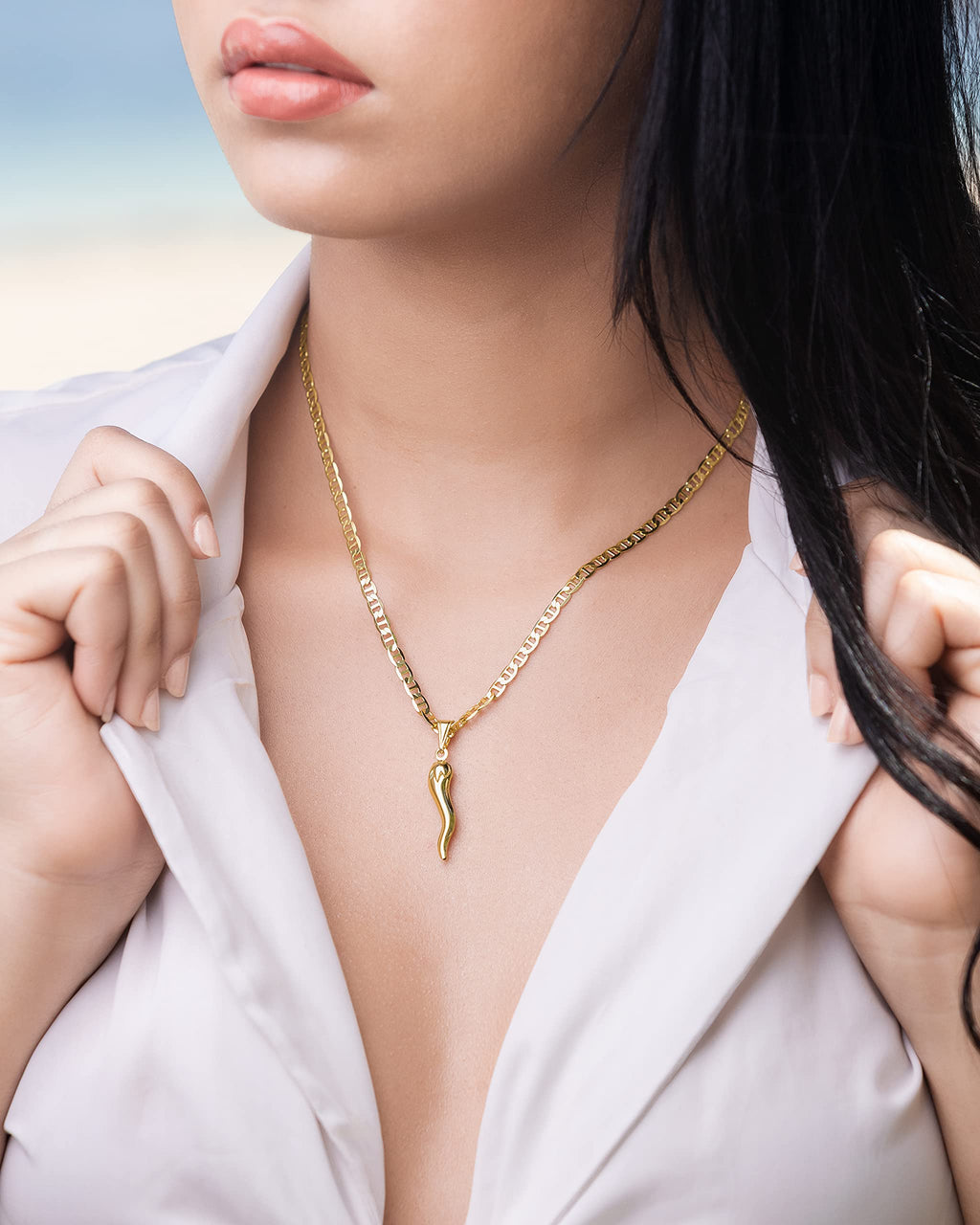 Barzel 18K Gold Plated Flat Marina Chain With Italian Horn Necklace Cornicello - Made In Brazil (24 Inches)