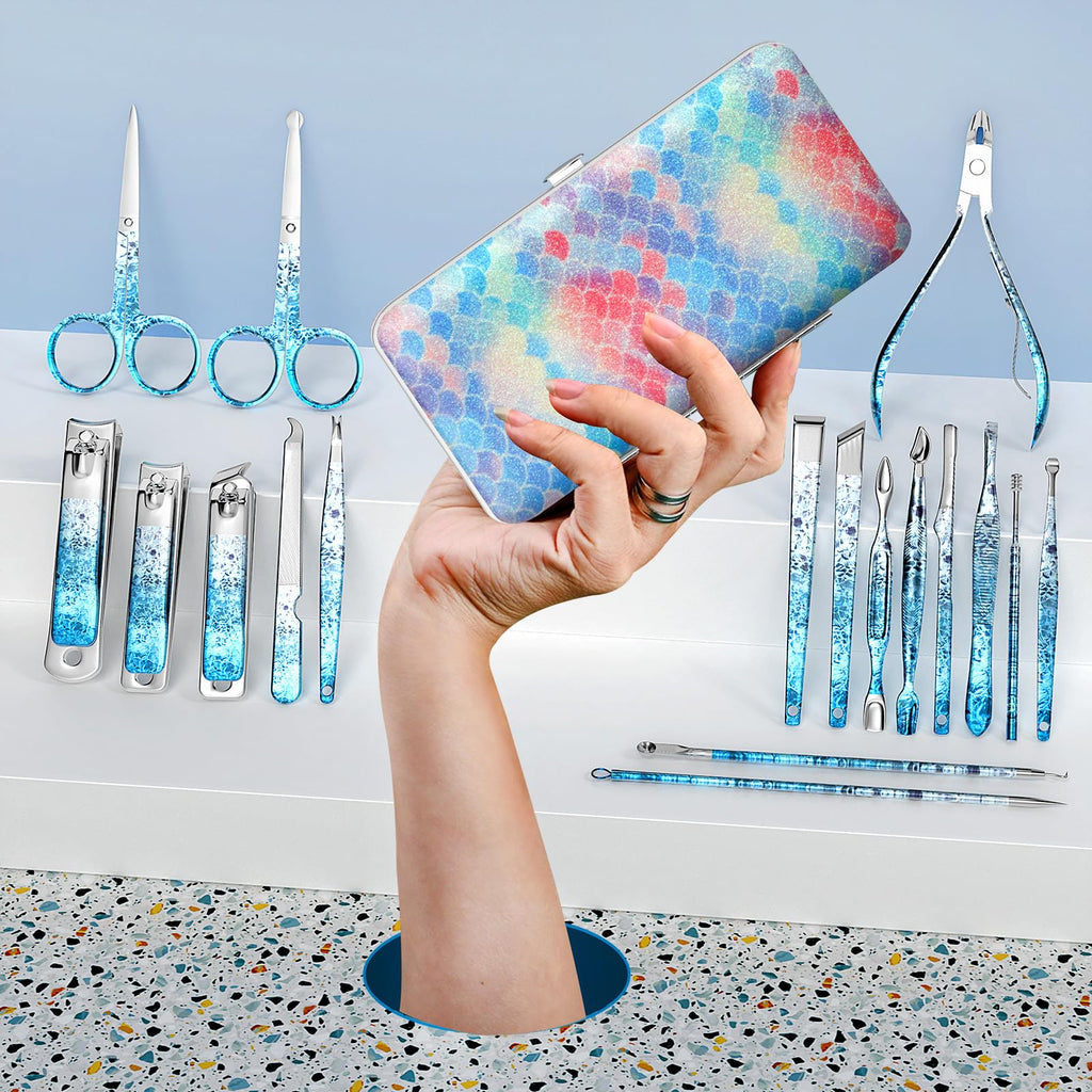 OFIDUS Nail Clippers Set, Finger and Toenail Clippers, Professional Manicure and Pedicure Set, 18 Pieces, Nail Care Tools with Luxury Travel Case (Diamond Blue)
