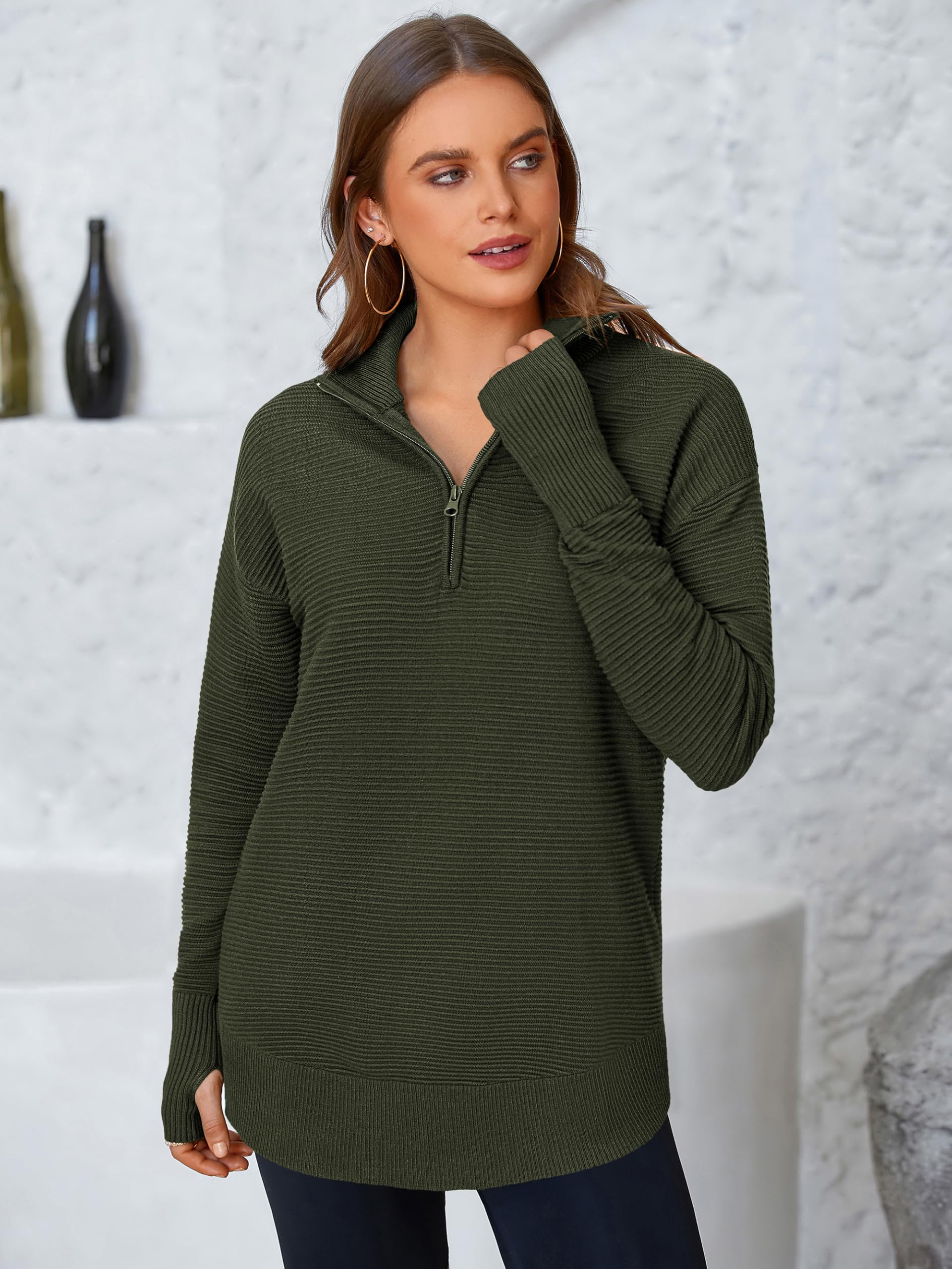 PRETTYGARDEN Womens Long Sleeve Quarter Zip Pullover Sweater Casual Loose V Neck Collared Ribbed Knit Jumper Tops Thumb Hole(Army Green,Medium)