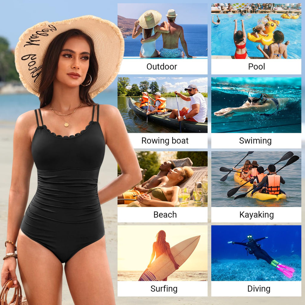Daci Black Womens One Piece Swimsuit Tummy Control - Slimming Bathing Suit Scalloped Neck Swimwear 2026 M