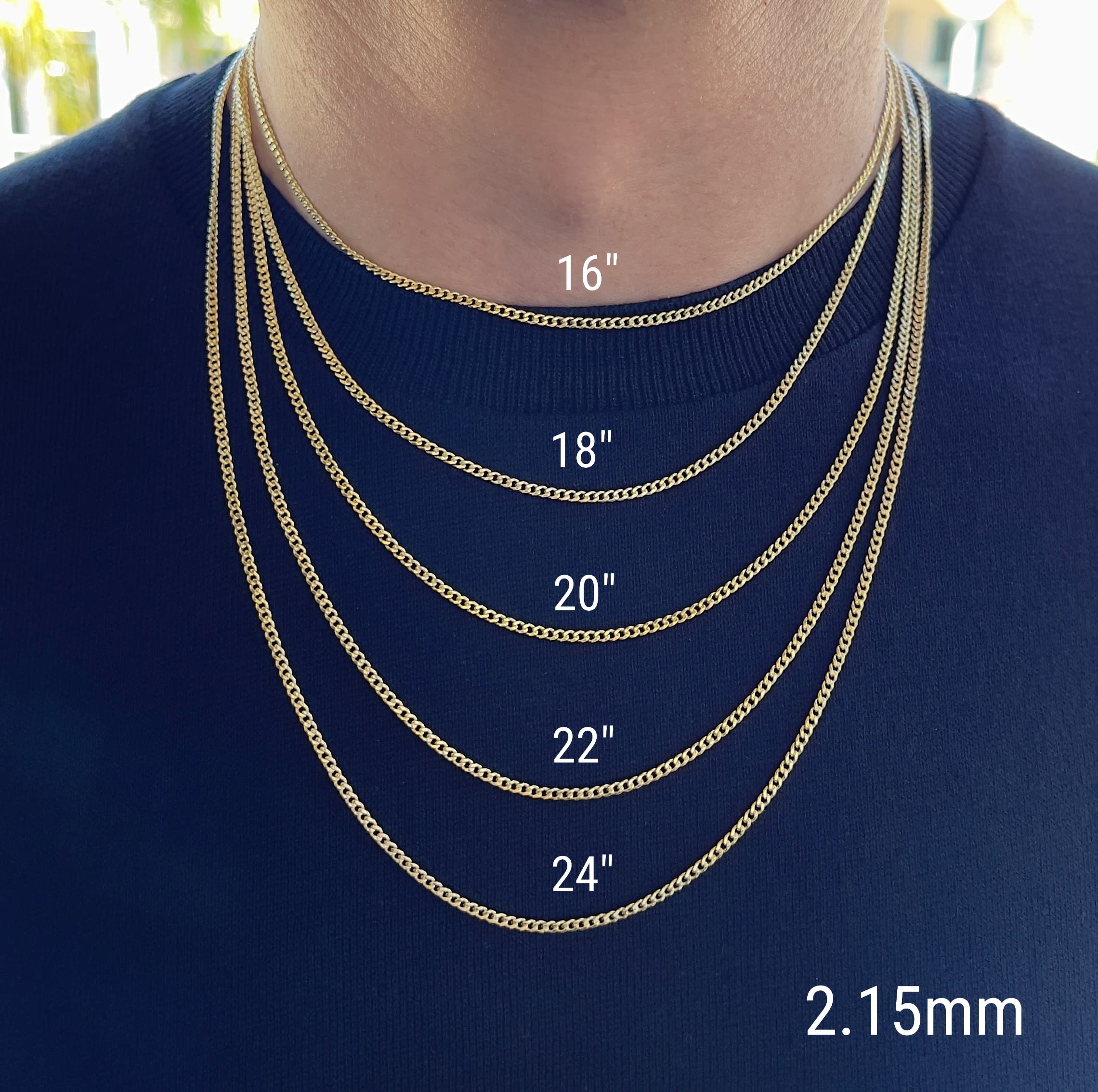 JEWELHEART 14K Gold Miami Cuban Link Chain Men - 2.15mm Diamond Cut Cuban Curb Chain - Dainty Yellow Real Gold Necklaces For Women with Lobster Clasp 22"