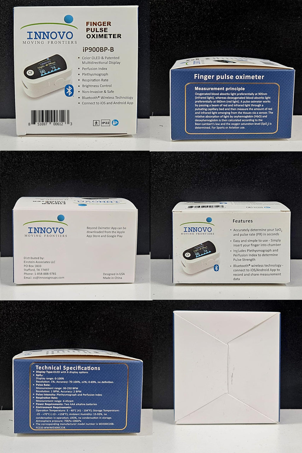 Innovo FSA/HSA Eligible iP900BP-B Fingertip Pulse Oximeter, Blood Oxygen Monitor with Free App, Plethysmograph, and Perfusion Index (with Bluetooth)