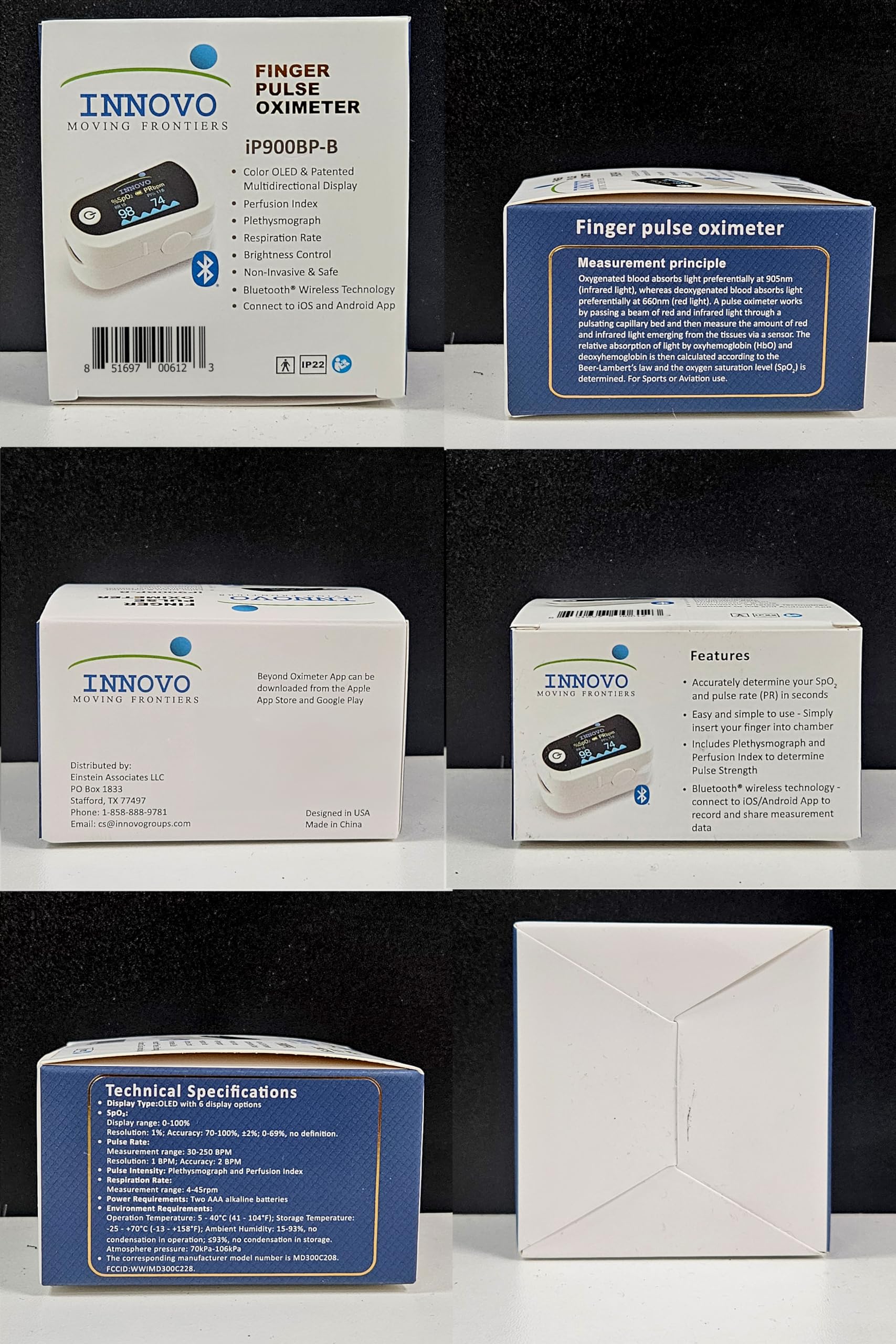 Innovo FSA/HSA Eligible iP900BP-B Fingertip Pulse Oximeter, Blood Oxygen Monitor with Free App, Plethysmograph, and Perfusion Index (with Bluetooth)