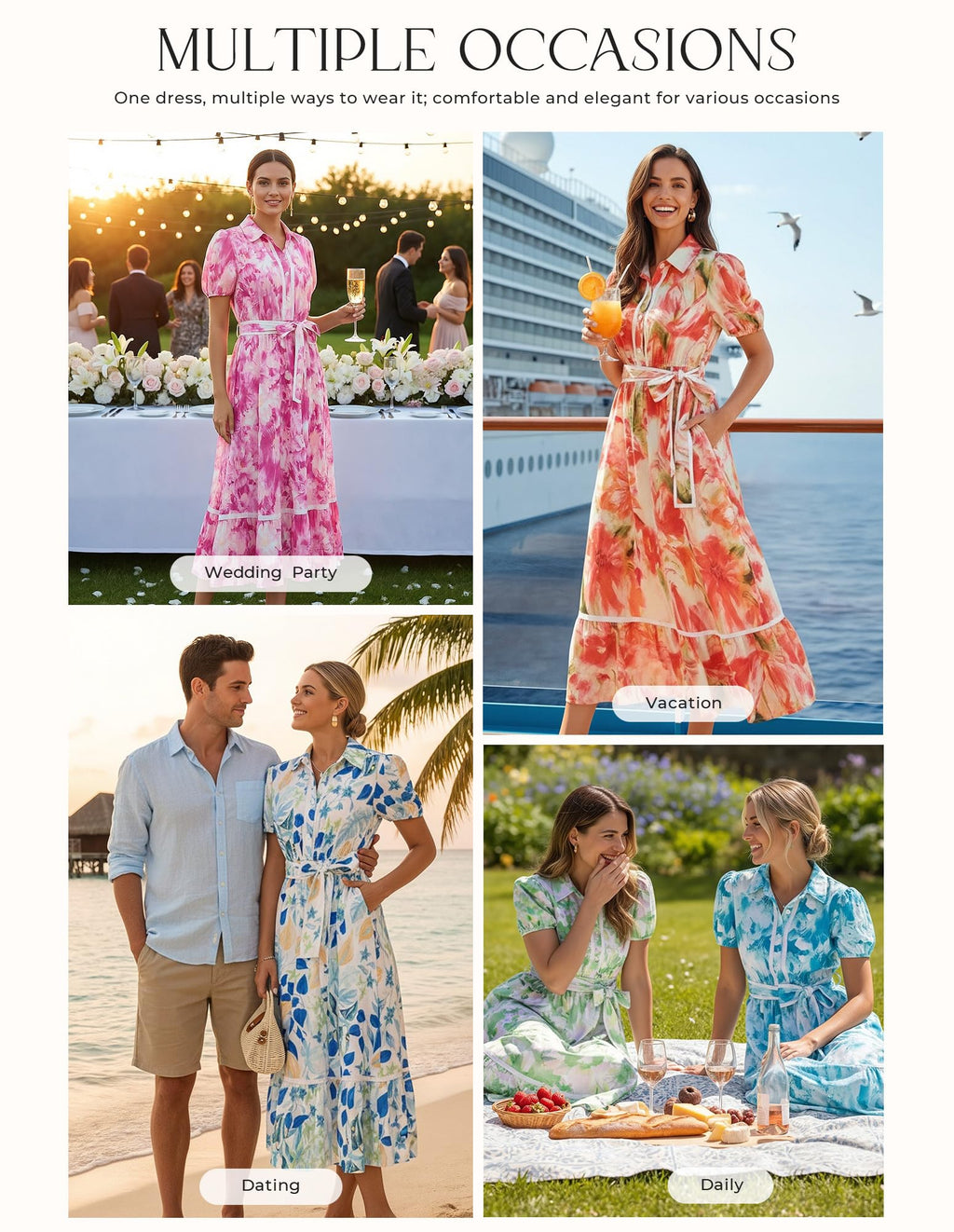 GRACE KARIN Women Summer Floral Maxi Dresses 2026 Wedding Guest Puff Sleeve Shirt Sundresses Boho Spring Clothes with Pockets Rose Floral M