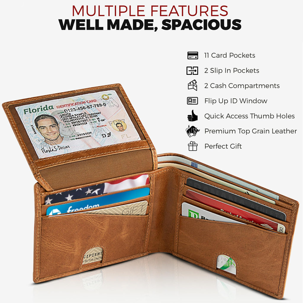Mens Leather Wallet Bifold with ID Window and RFID Blocking Secure and Durable Extra Capacity Billfold with 11 Credit Cards In Wild Buck Tan