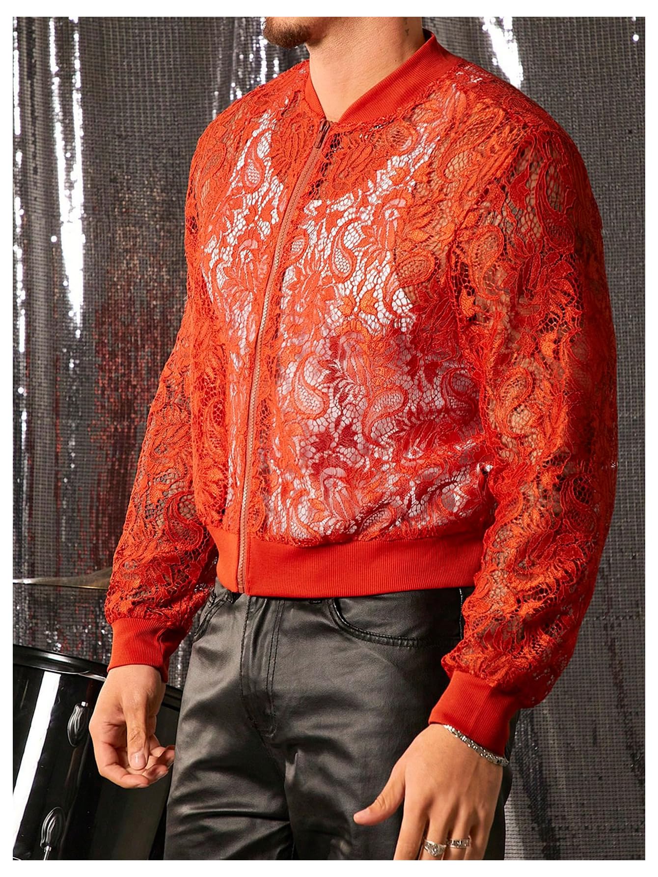 WDIRARA Men's Sheer Floral Lace Bomber Jackets Long Sleeve See Through Coats Zip Up Outerwear Red 3X-Large