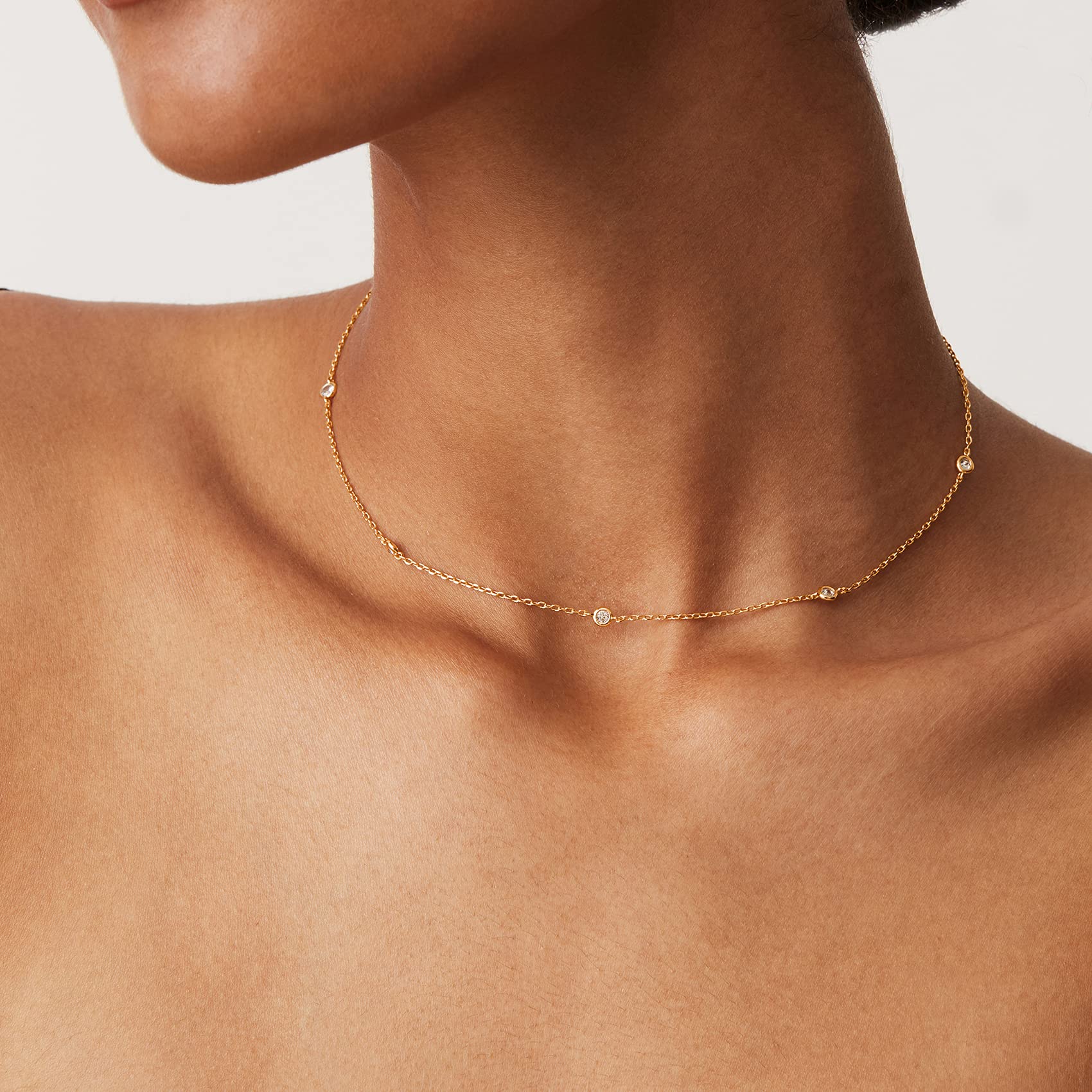 PAVOI 14K Yellow Gold Plated Station Chain Necklaces for Women - Dainty Simulated Diamond Necklace - Layering Cubic Zirconia Chain