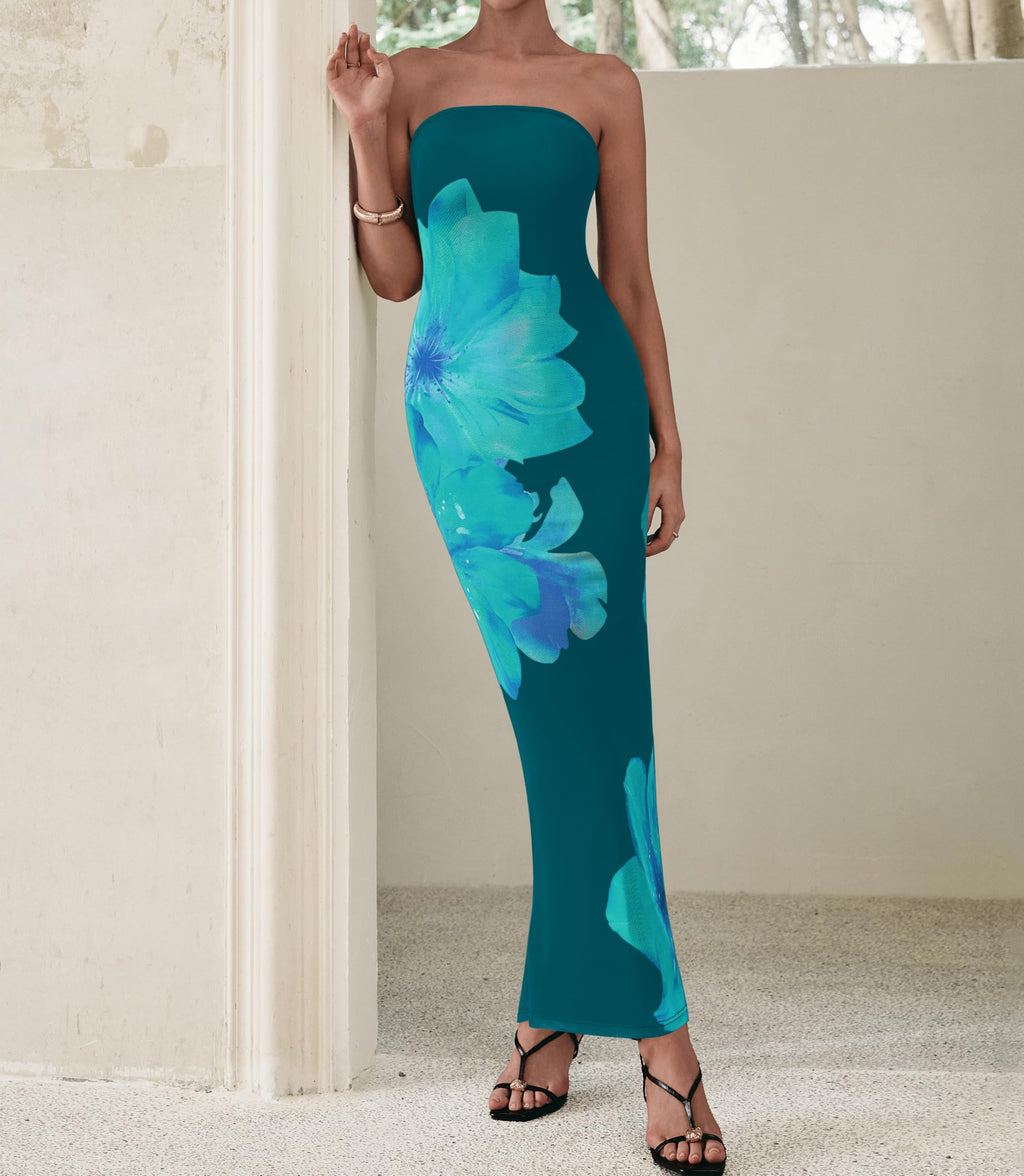 PRETTYGARDEN Women Summer Strapless Maxi Dress Bodycon Floral Sexy Long Wedding Guest Dress Formal Tube Mesh Cocktail Dresses(Dark Green Floral,Large)