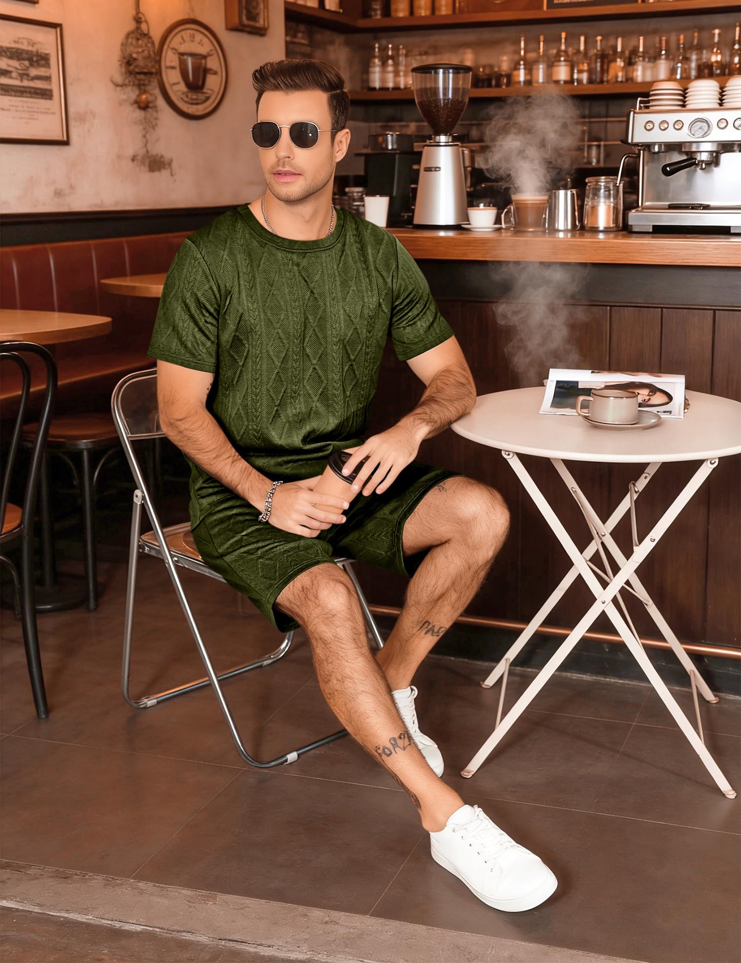 Babioboa Men's Short Sets 2 Piece Jacquard Outfit Summer Crewneck Shirt and Shorts Set Matching Lounge Set(Army Green,S)