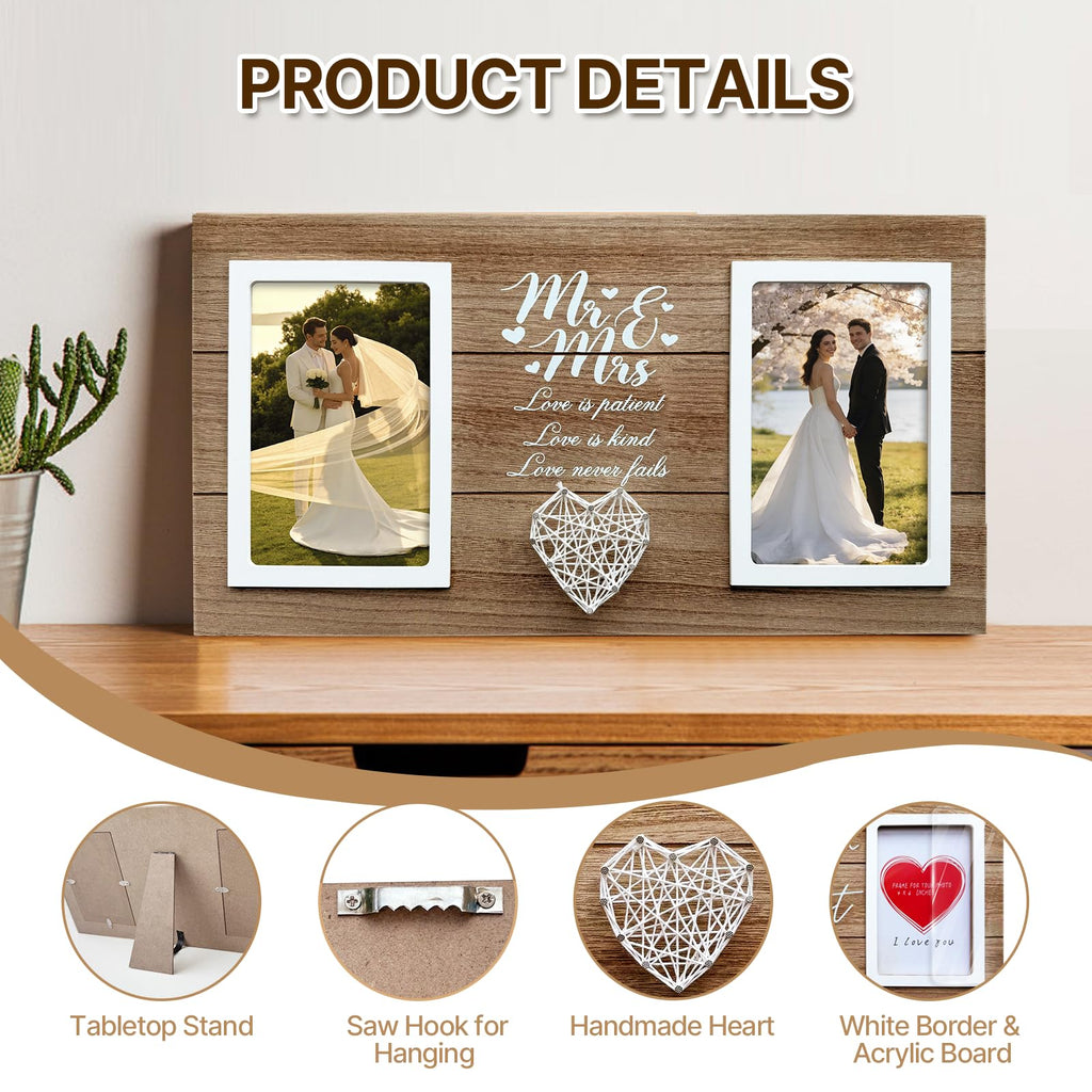 Wedding Gifts for Couples 2026, 15.7x8,3 Inch Mr & Mrs Wedding Frame Double Wooden Wedding Photo Frame Bridal Shower Gift for Bride to Be Personalized Newlywed Gifts for Couple, Engagement Gift for Bride