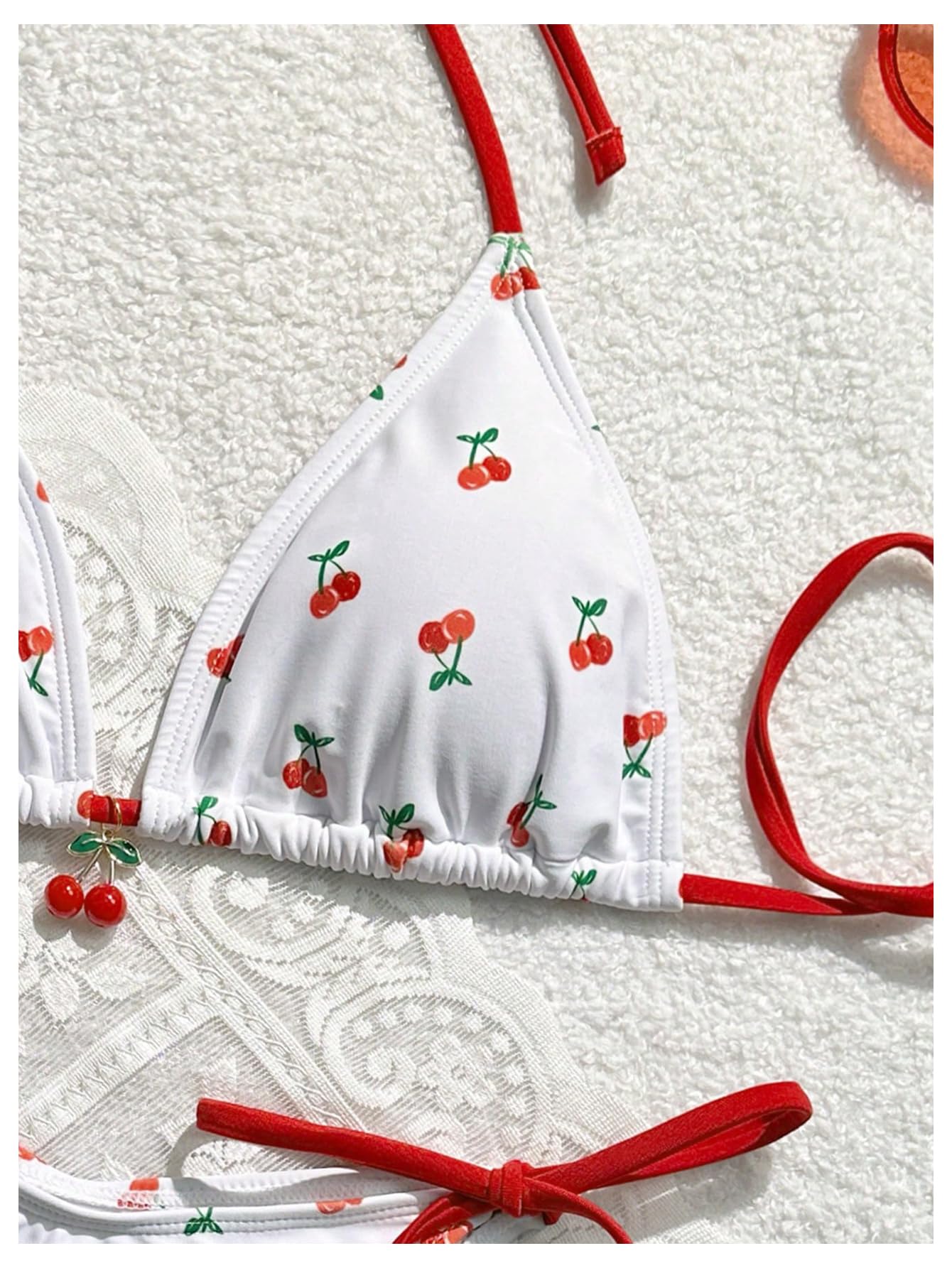 WDIRARA Women's 2 Piece Swimsuit Cherry Print Bikini Set Halter Triangle Bikini Side Tie String Bathing Suits White Red Large