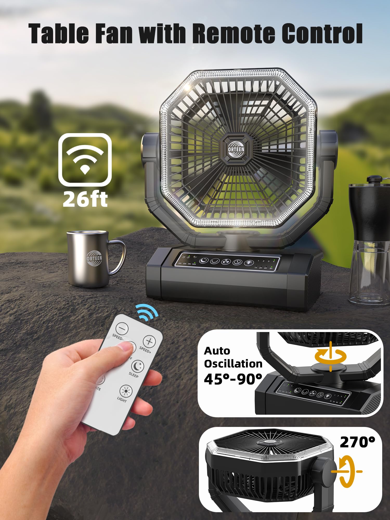 Portable Rechargeable Fan - 9-Inch Camping Fan for Tent, 24000mAh(60Hrs) Battery Operated Fan for Camping, Auto Oscillation Cordless Fans, Tent Fans with Remote/Light, 4 Speeds, 4 Timing, Outdoor