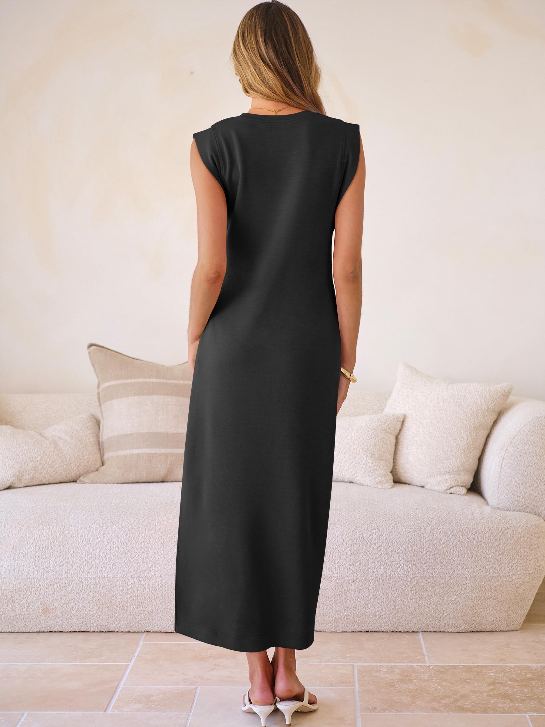 ANRABESS Women Summer Casual Sleeveless Maxi Dress 2026 Crewneck Loose Split Wrinkle-Free Beach Travel Vacation Long Sundress Black Medium
