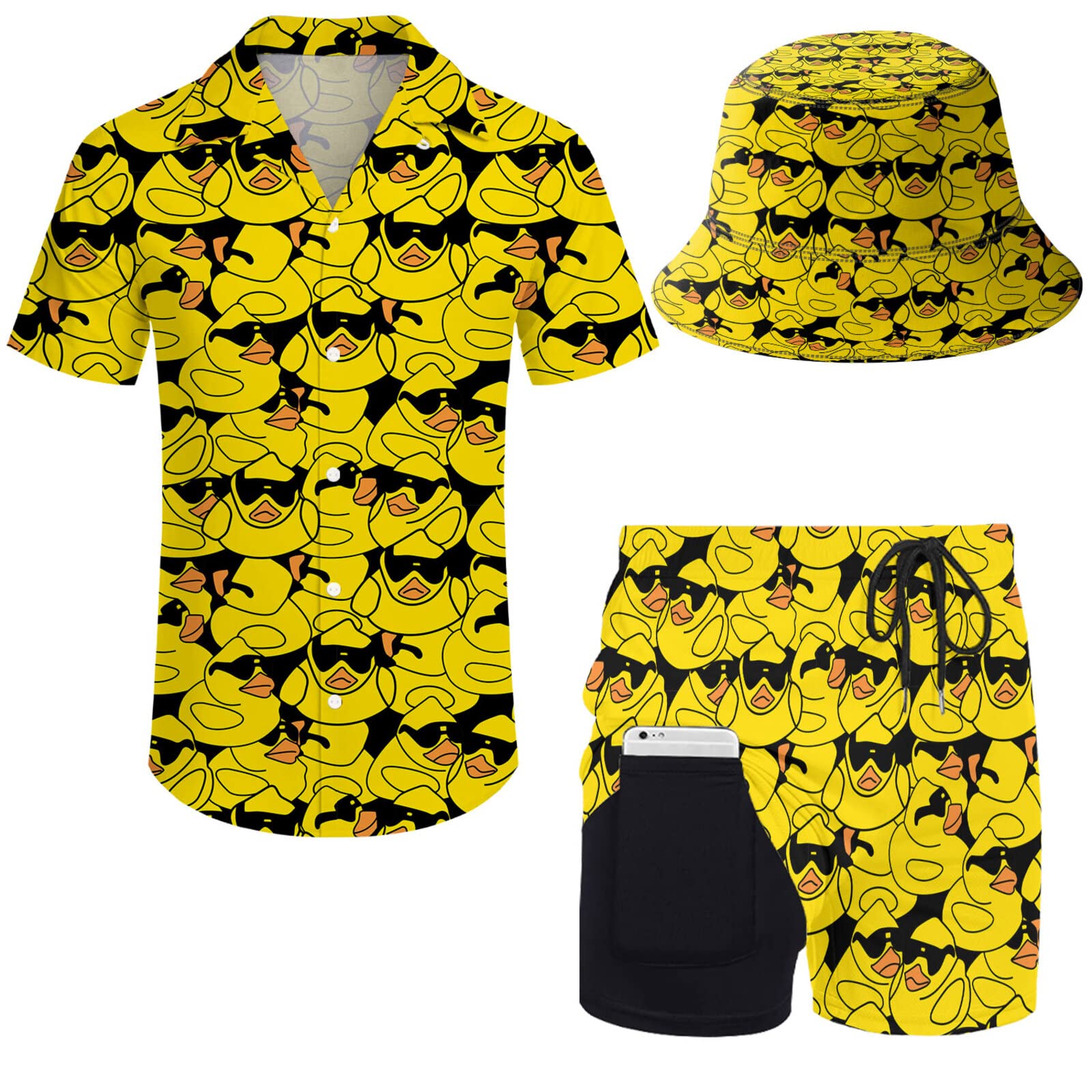 Wdpsuxin Mens Sunglasses Rubber Duck 2 Piece Short Set Hawaiian Button Down Shirt And Compression Liner 2 In 1 Shorts Sets With Bucket Hats Large