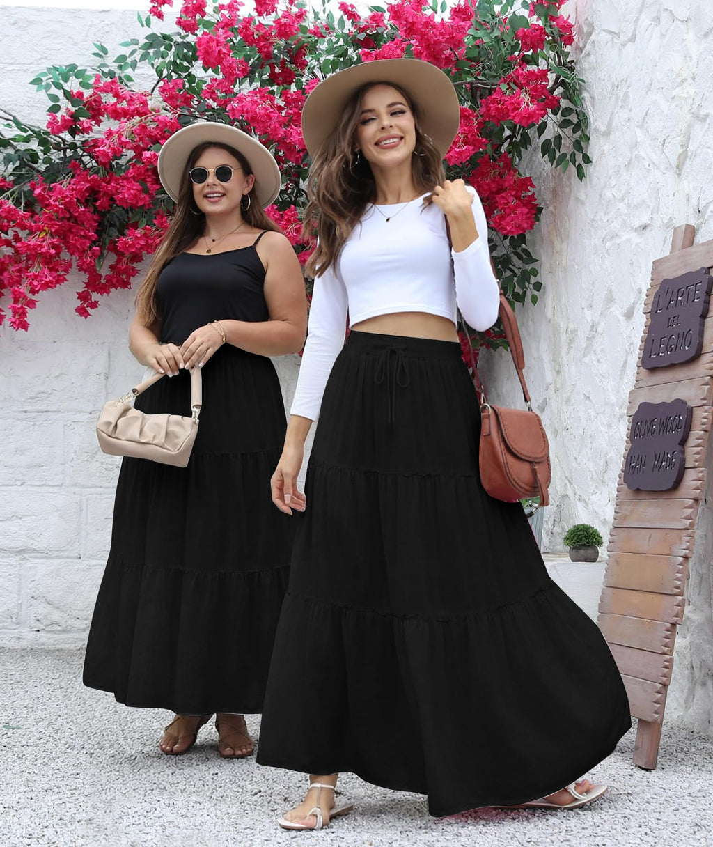 EARKOHA Trendy Lightweight Drawstring Tiered Ruffles Paisley Hippie Plus Size Bohemian Long Maxi Skirt with Deep Pockets for Office Music Festival Travel Picnic Dating Fall Outfits Black M