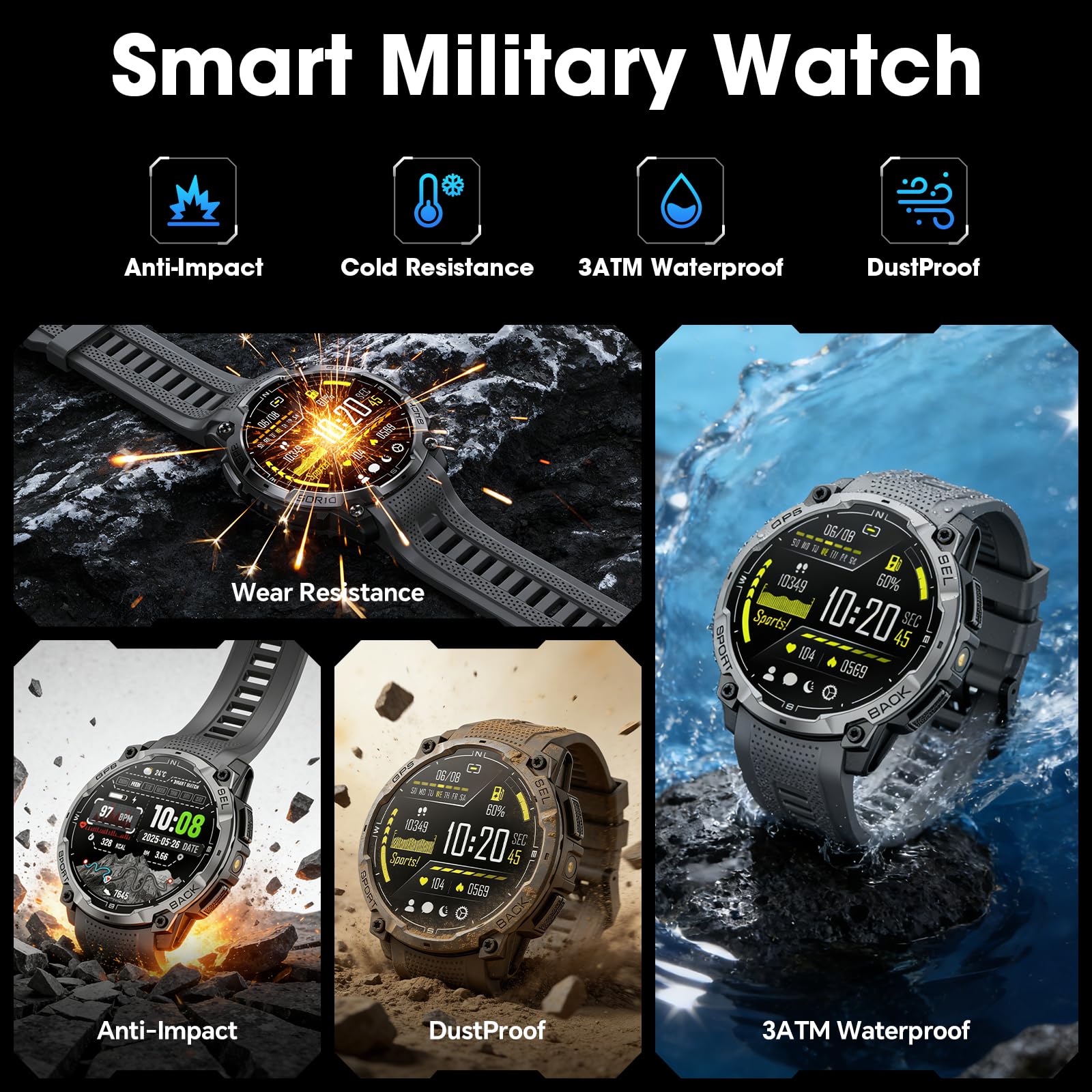 Joautrial Military Smart Watch for Men with GPS, 1.43" AMOLED Bluetooth Call, LED Flashlight, Rugged Tactical Watch for Android iOS, 3ATM Waterproof Fitness Tracker with Heart Rate Pedometer (Black)