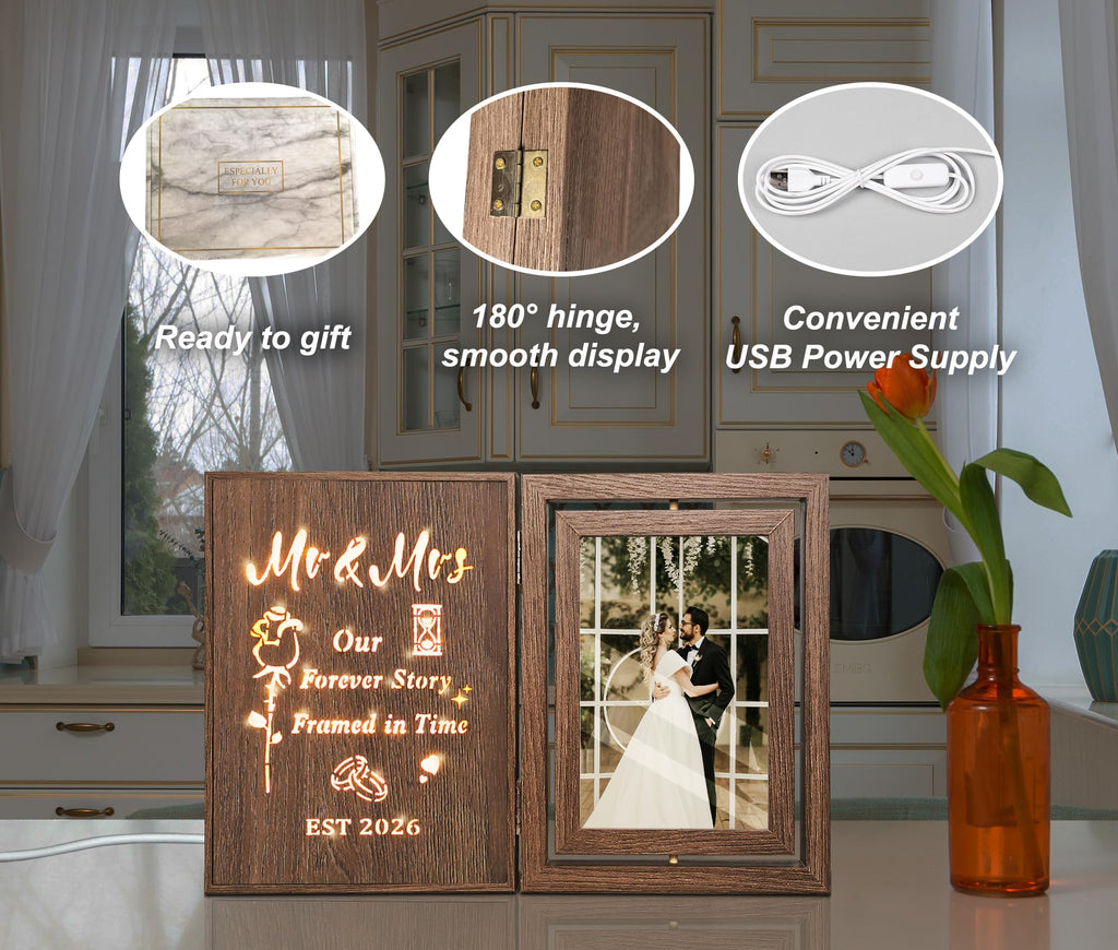 EYITUPC Wedding Gifts for Couples 2026 Light Up Mr and Mrs Picture Frame, Bridal Shower Gifts for Bride Groom, Rotating Wedding Photo Frames 4x6 for 2 Pictures