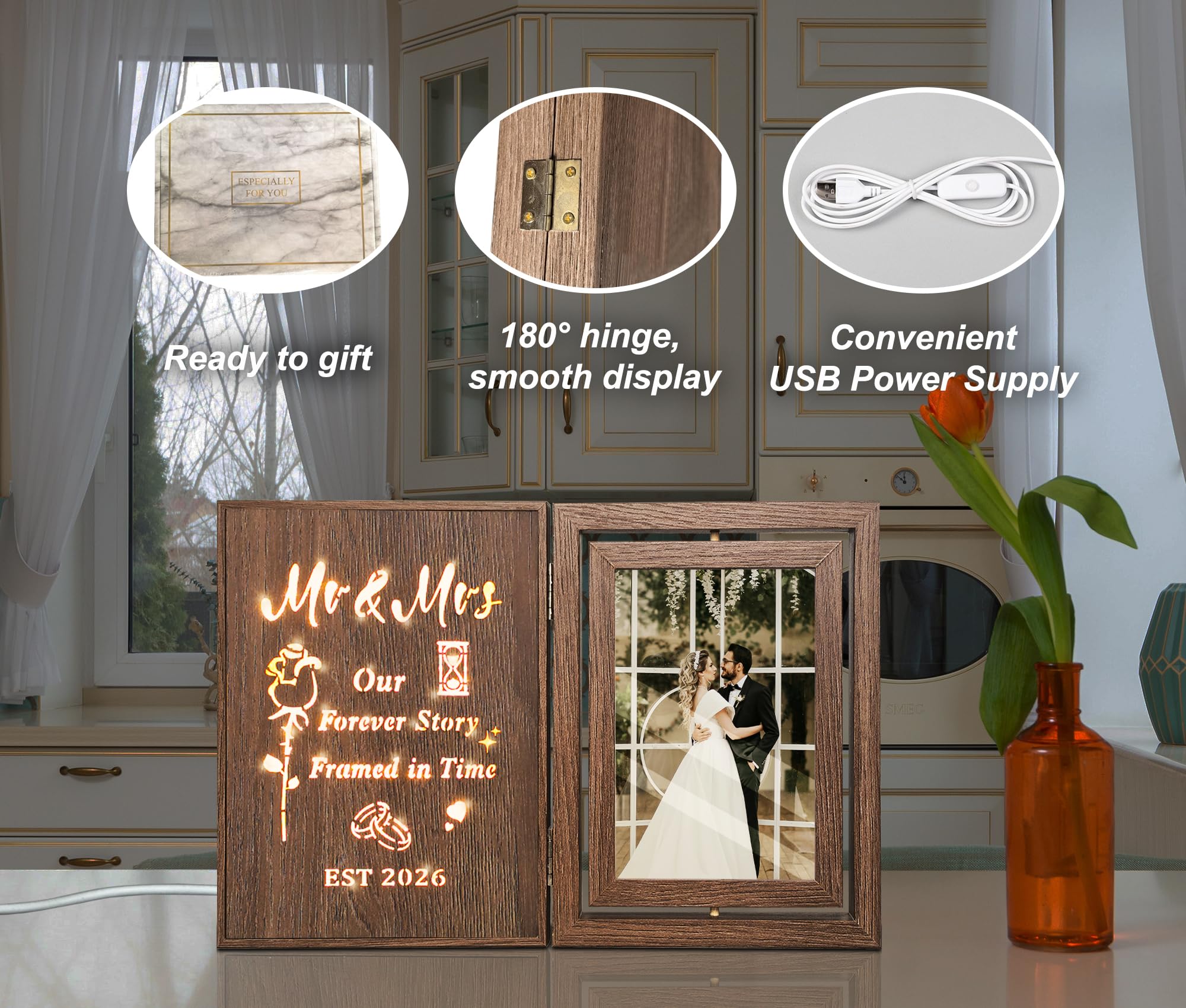 EYITUPC Wedding Gifts for Couples 2026 Light Up Mr and Mrs Picture Frame, Bridal Shower Gifts for Bride Groom, Rotating Wedding Photo Frames 4x6 for 2 Pictures