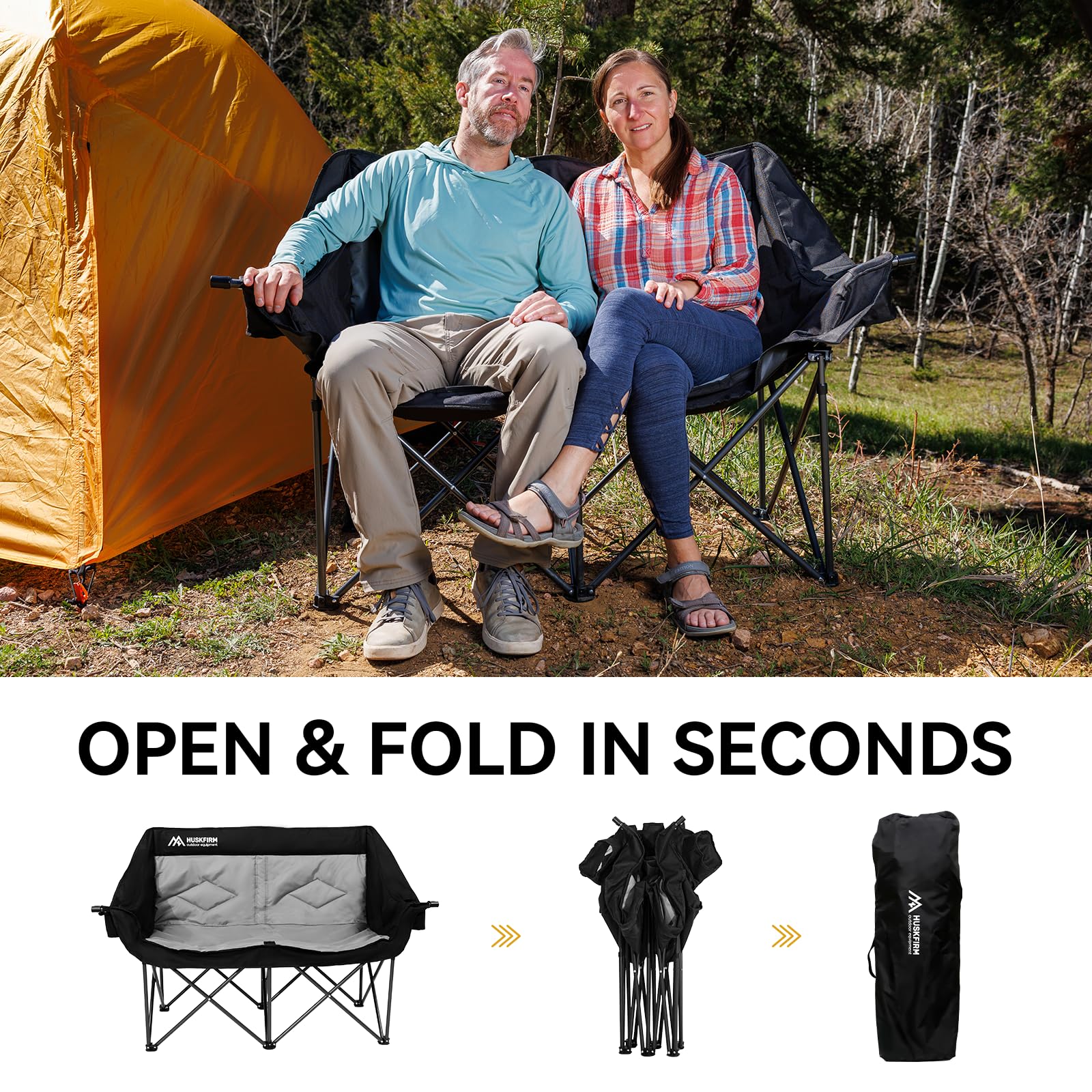 Huskfirm 2 Person Camping Chair Oversized Loveseat Camping Chair Double Camping Chairs for Adults Heavy Duty Camping Couch Black Outdoor Folding Chair Portable Patio Lawn Chair