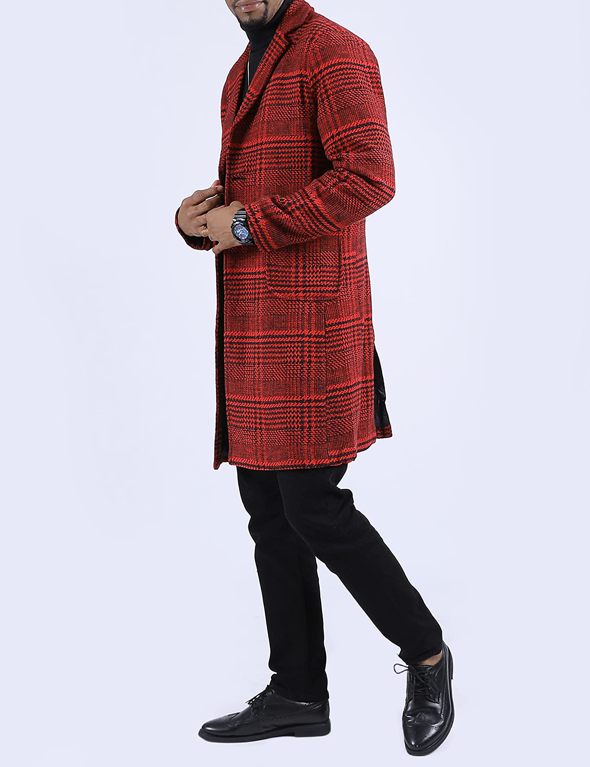 Springrain Men's Wool Blend Pea Coat Notched Collar Single Breasted Overcoat Warm Winter Trench Coat(WineRed-S)