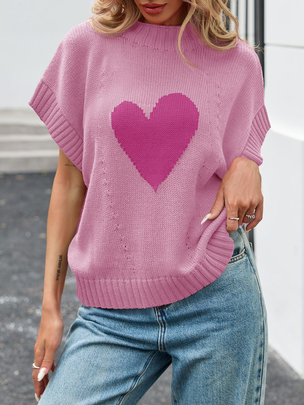 Saodimallsu Womens Cap Sleeve Cropped Sweater Mock Neck Cute Heart Loose Valentine Knit Tank Tops Pink