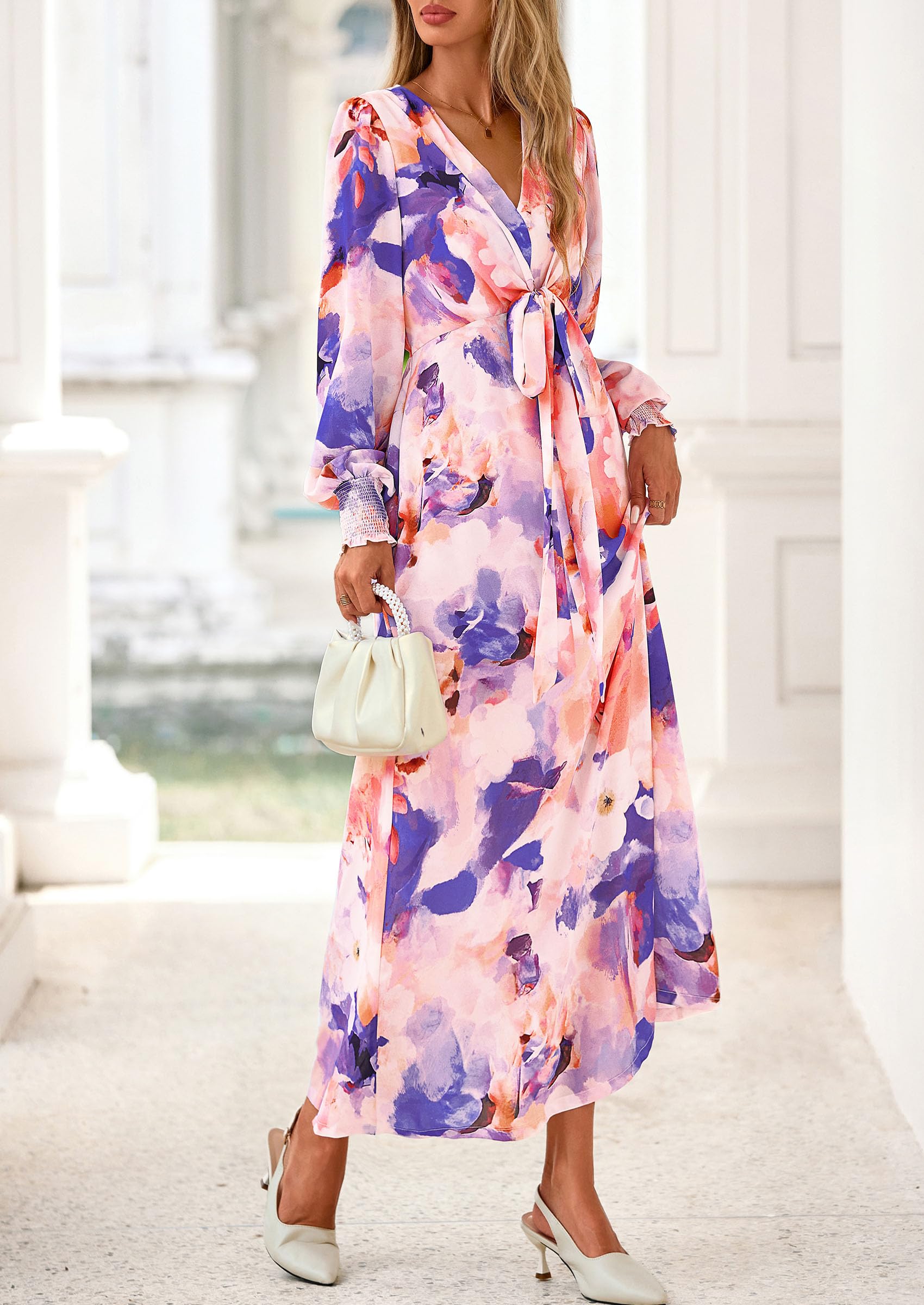 PRETTYGARDEN Women's 2026 Spring Wedding Guest Dresses Floral Long Sleeve V Neck Belted Long Flowy Boho Maxi Dress (Floral Multicolored,X-Large)