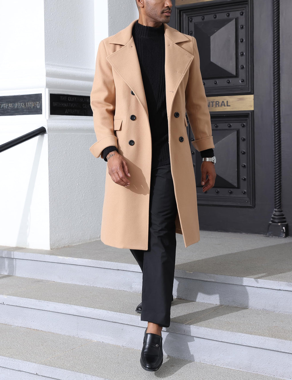 Springrain Men's Pea Coat Double Breasted Overcoat Lapel Coat Classic Long Trench Coat(Camel-S)